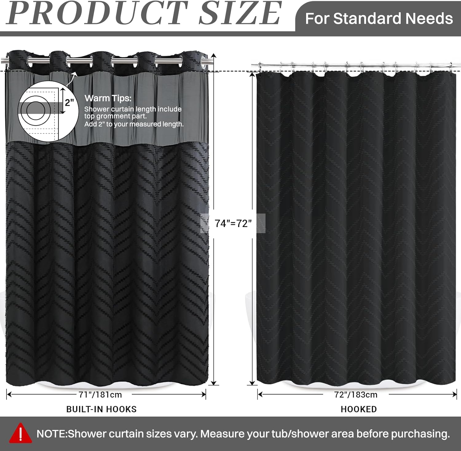 WONICY No Hook Shower Curtain with Snap in Liner, Black Tufted Chevron Striped Shower Curtains for Bathroom, Waterproof & Washable, 71Wx74H
