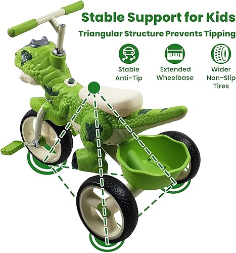 Miniatura 3 de Triciclo de dinosaurio para niños de 3 a 7 años, triciclo para niños pequeños, rueda grande con luces, música y neumáticos sin aire, para interiores