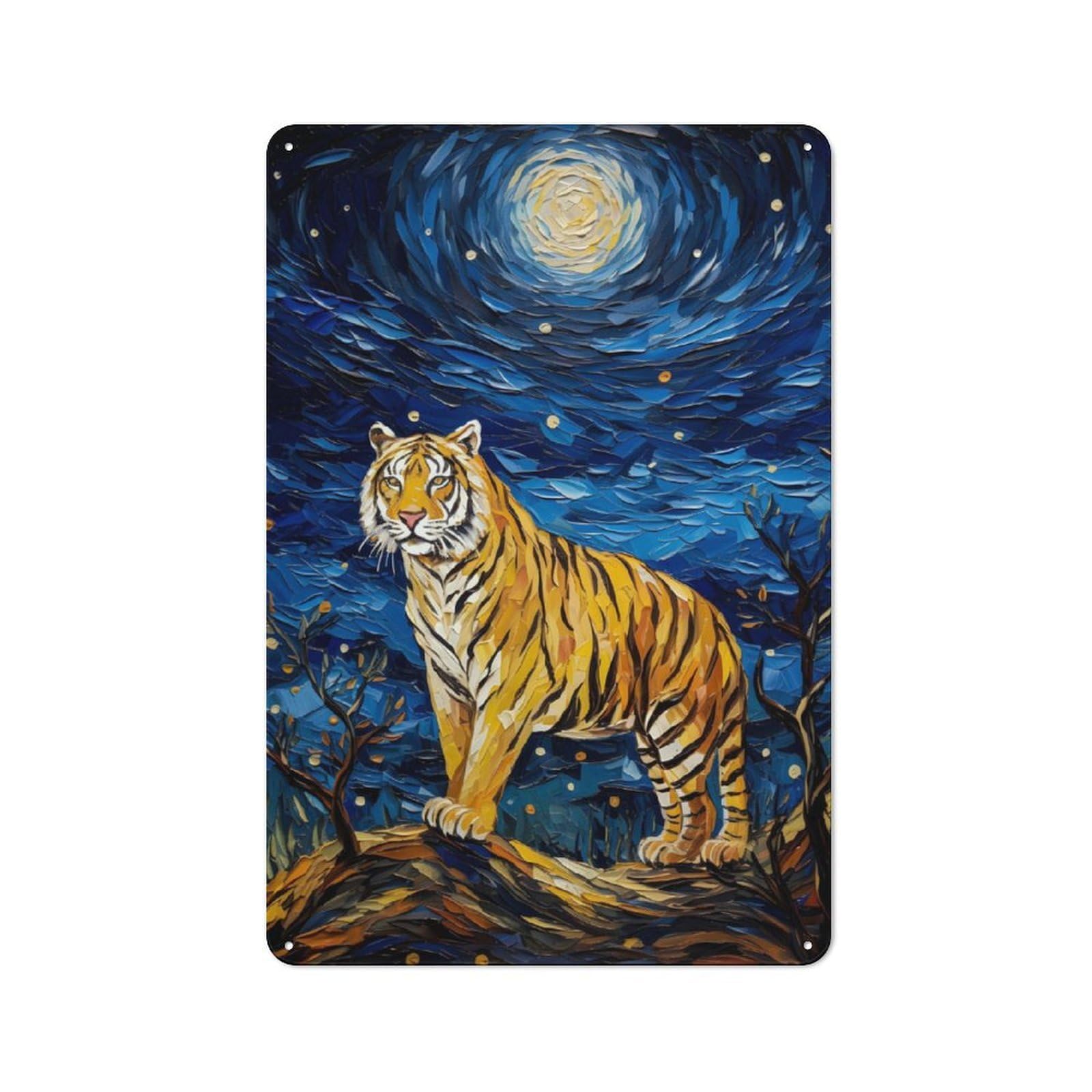 Junmoney The Starry Night Tiger Tin Sign 30X20cm With For Bar Or Restaurant, Retro Decor, For Garage, Workshop And Man Cave Decoration