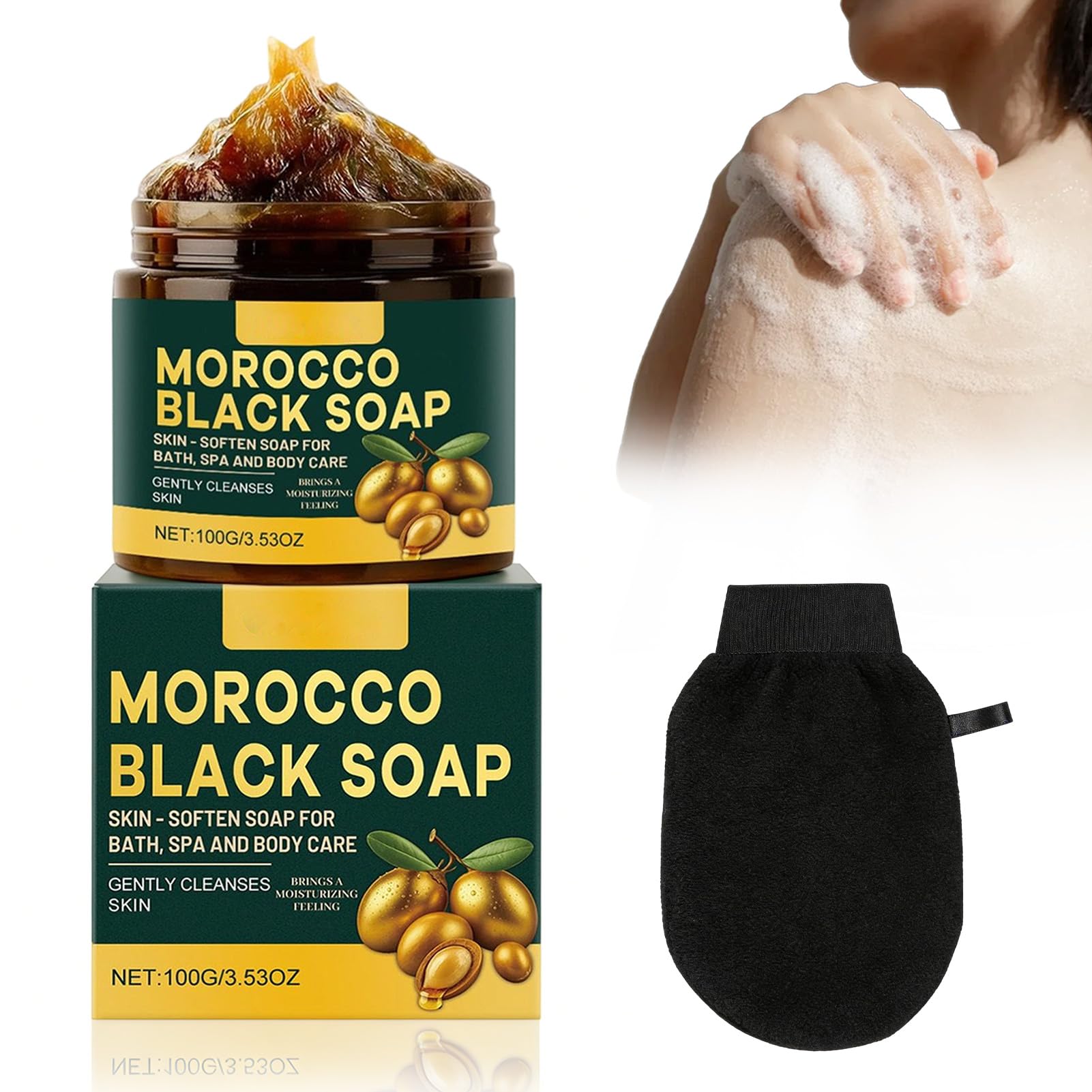 Maroko czarne mydło Morocco Black Soap z rękawiczkami do peelingu, czarne mydło z oliwkami i różą, maroko, peeling do ciała, Bio Morocco Black Soap, nawilżające mydło, czarne dla miękkiej skóry
