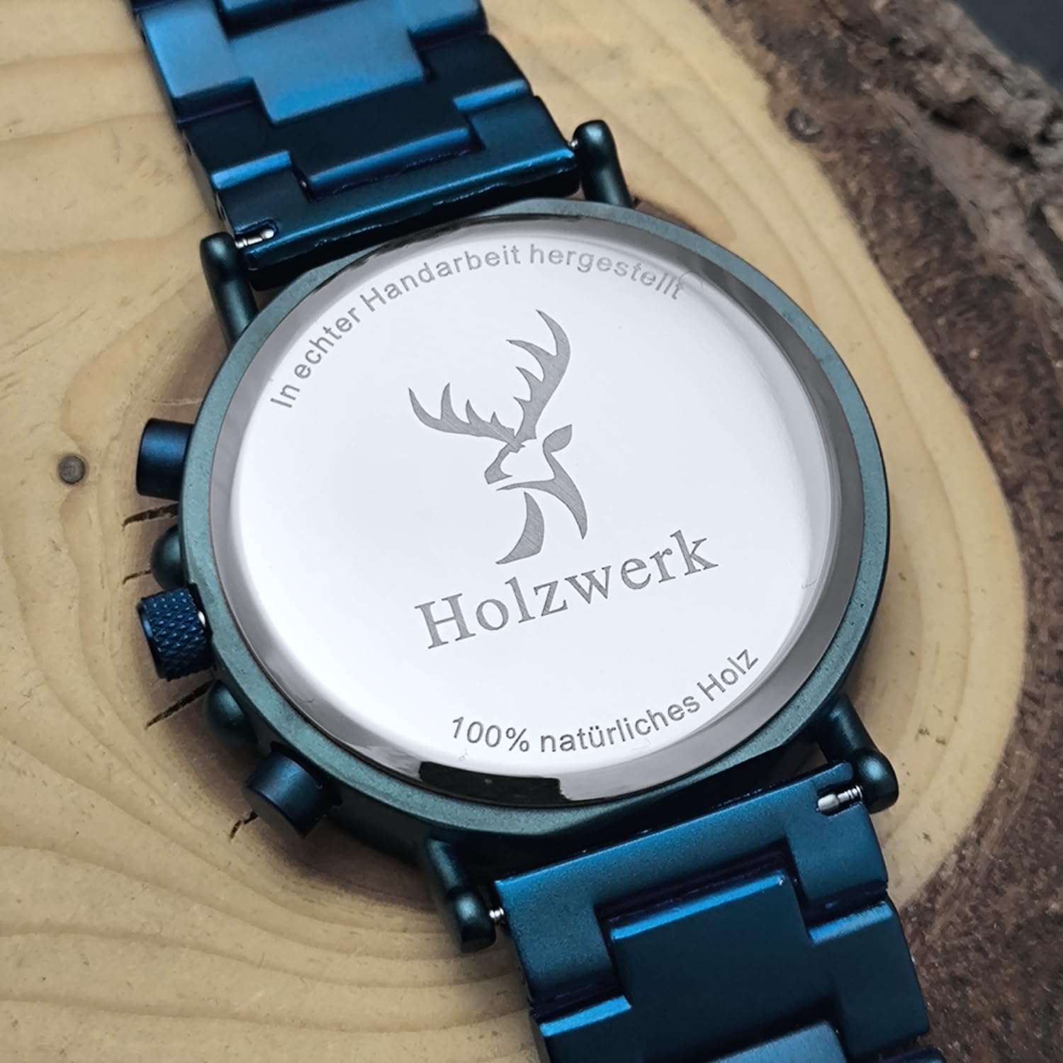 Holzwerk Berlin - Reloj de pulsera para hombre con cronógrafo de madera natural, analógico, cuarzo, marrón, azul, números romanos, fecha, madera