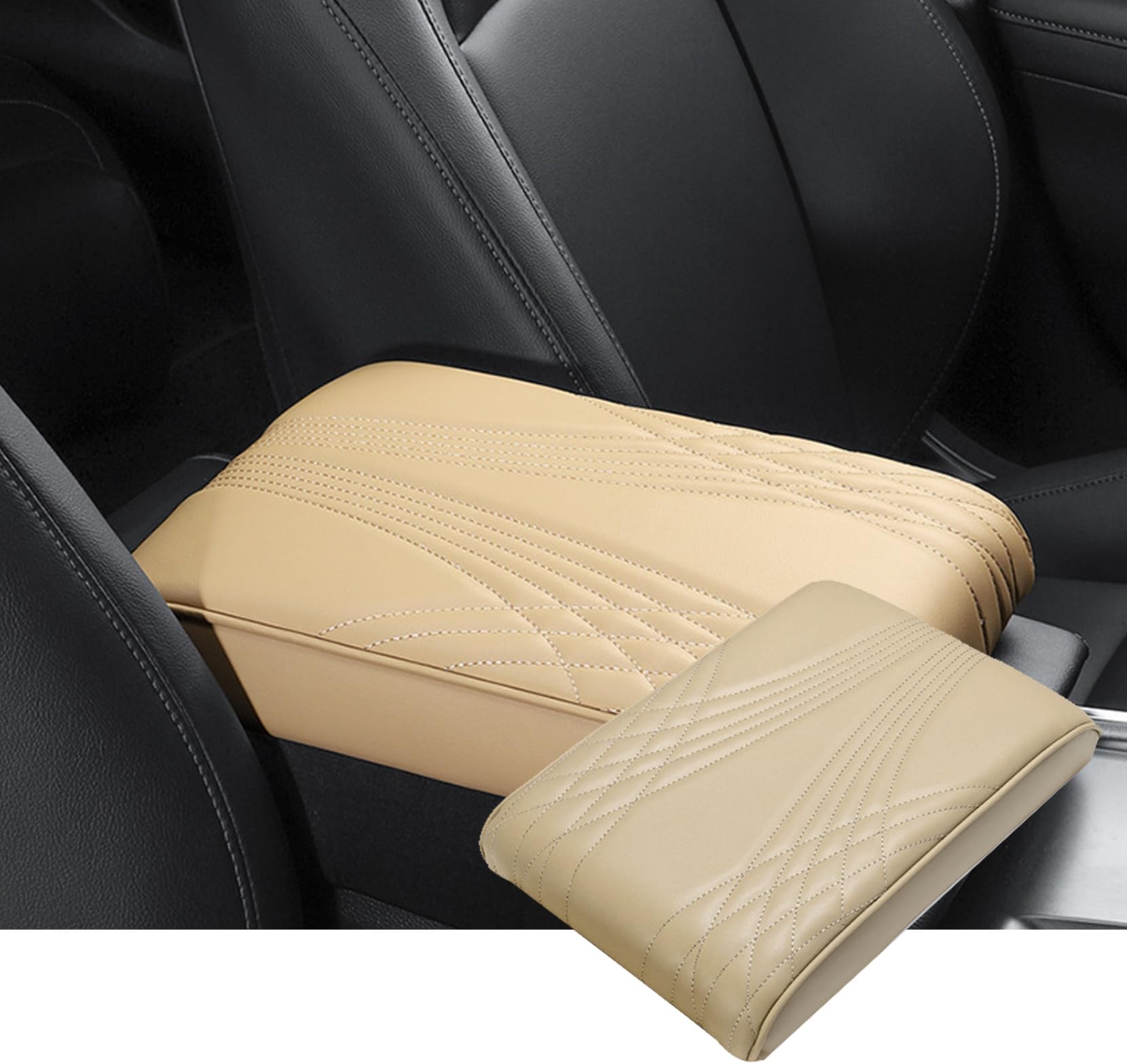 1 PC Car Center Console Armrest Covers, 12.5In x 8.6In x 1.9In Four Seasons Universal Anti-Slip Armrest Pad, Arm Rest Leather Protectors, Universal for Most Cars (Beige)