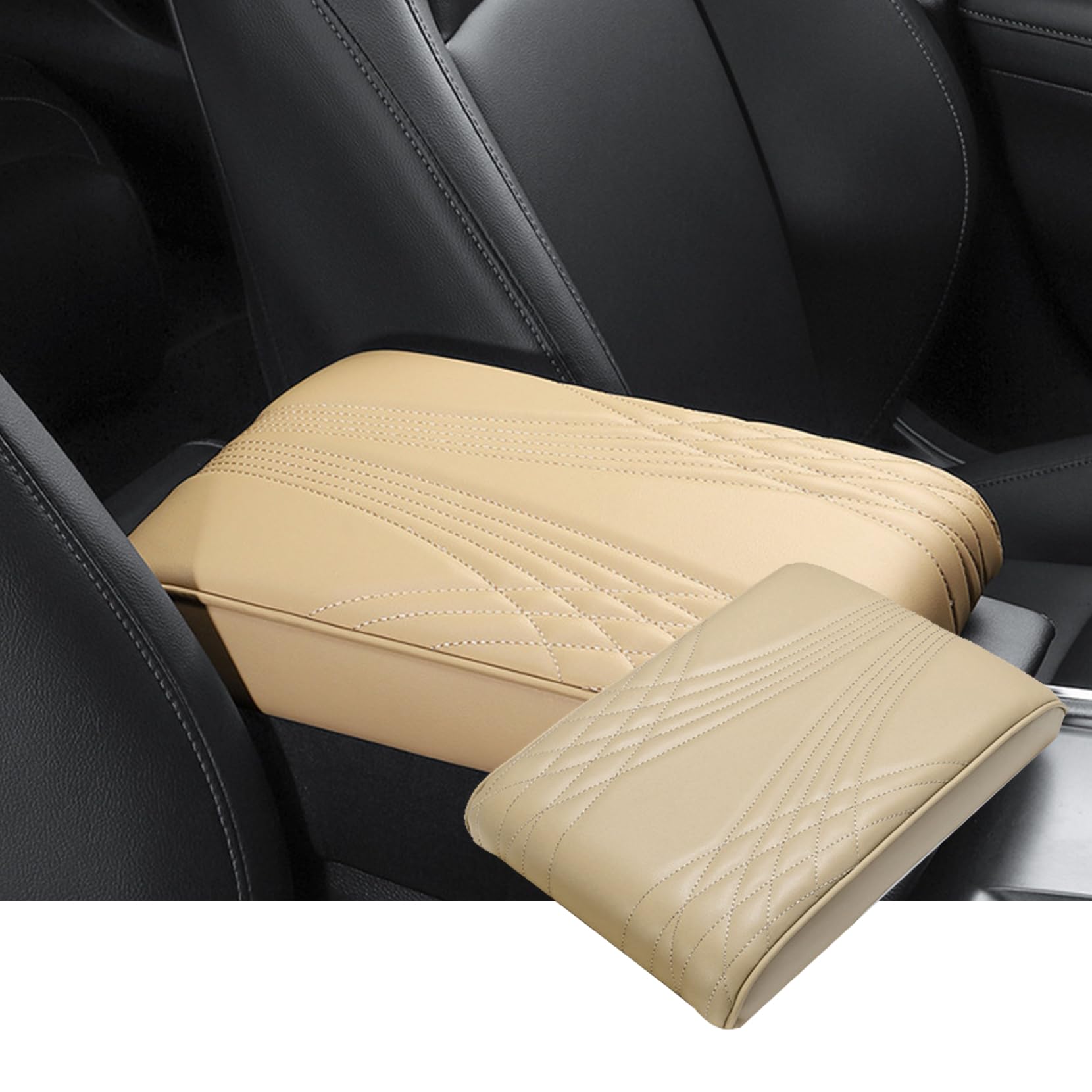 1 PC Car Center Console Armrest Covers, 12.5In x 8.6In x 1.9In Four Seasons Universal Anti-Slip Armrest Pad, Arm Rest Leather Protectors, Universal for Most Cars (Beige)
