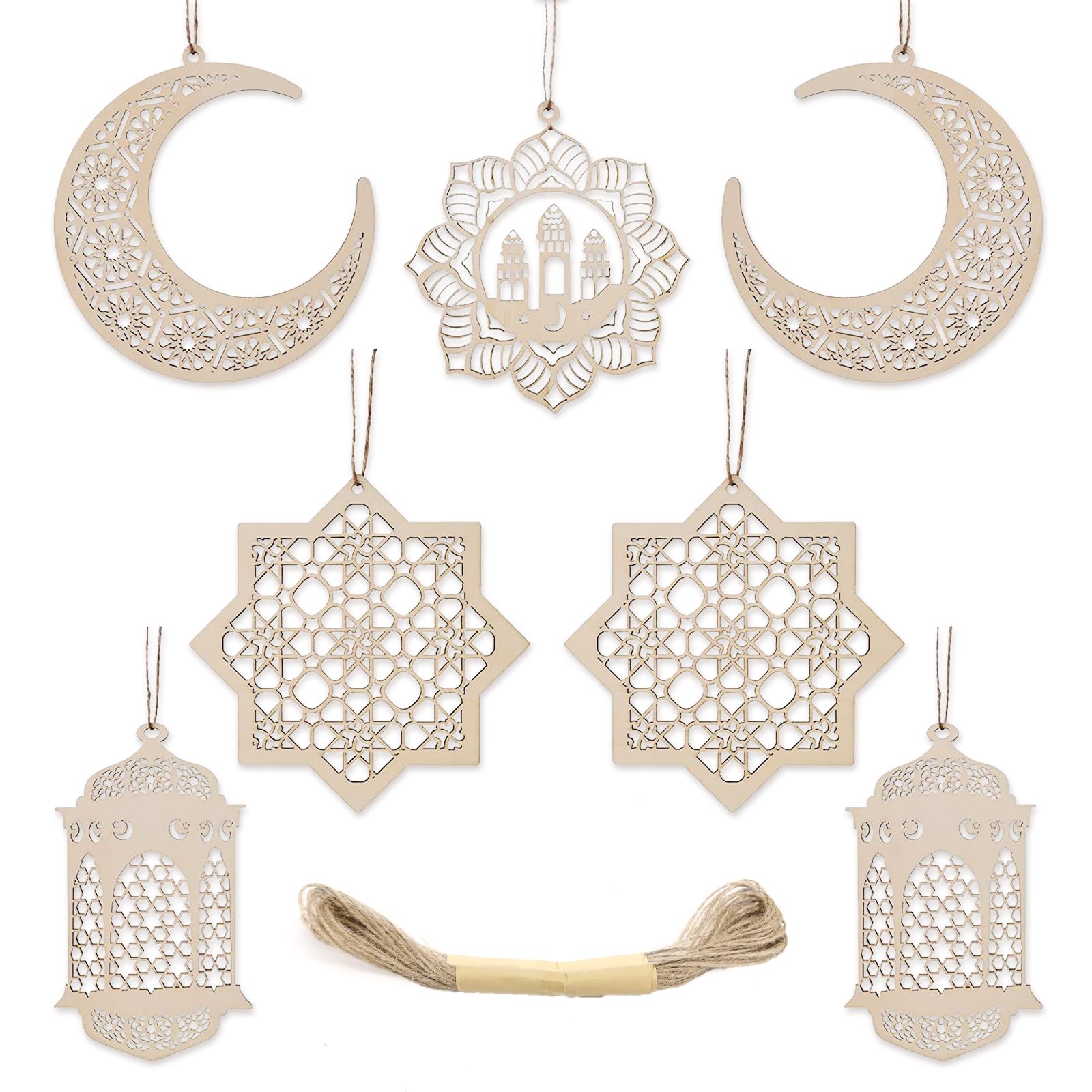 7Pcs Eid Mubarak Decorations, Wooden Hanging Eid Decorations for Home, Eid Decor Hanging Ornament, Umrah Mubarak Decoration, Moon Star Light Castle Shape, Ramadan Eid al-Fitr Decorations Gifts