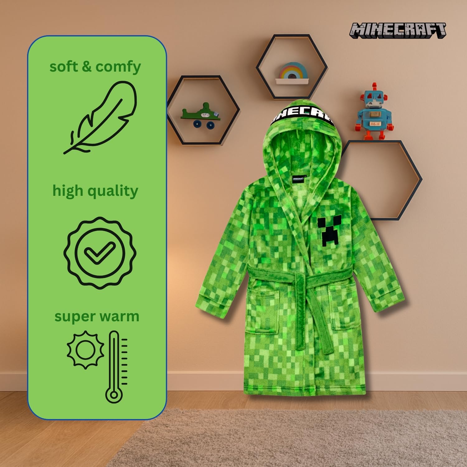 Minecraft Bademantel Kinder Jungen Fleece Morgenmantel mit Kapuze Creeper Design