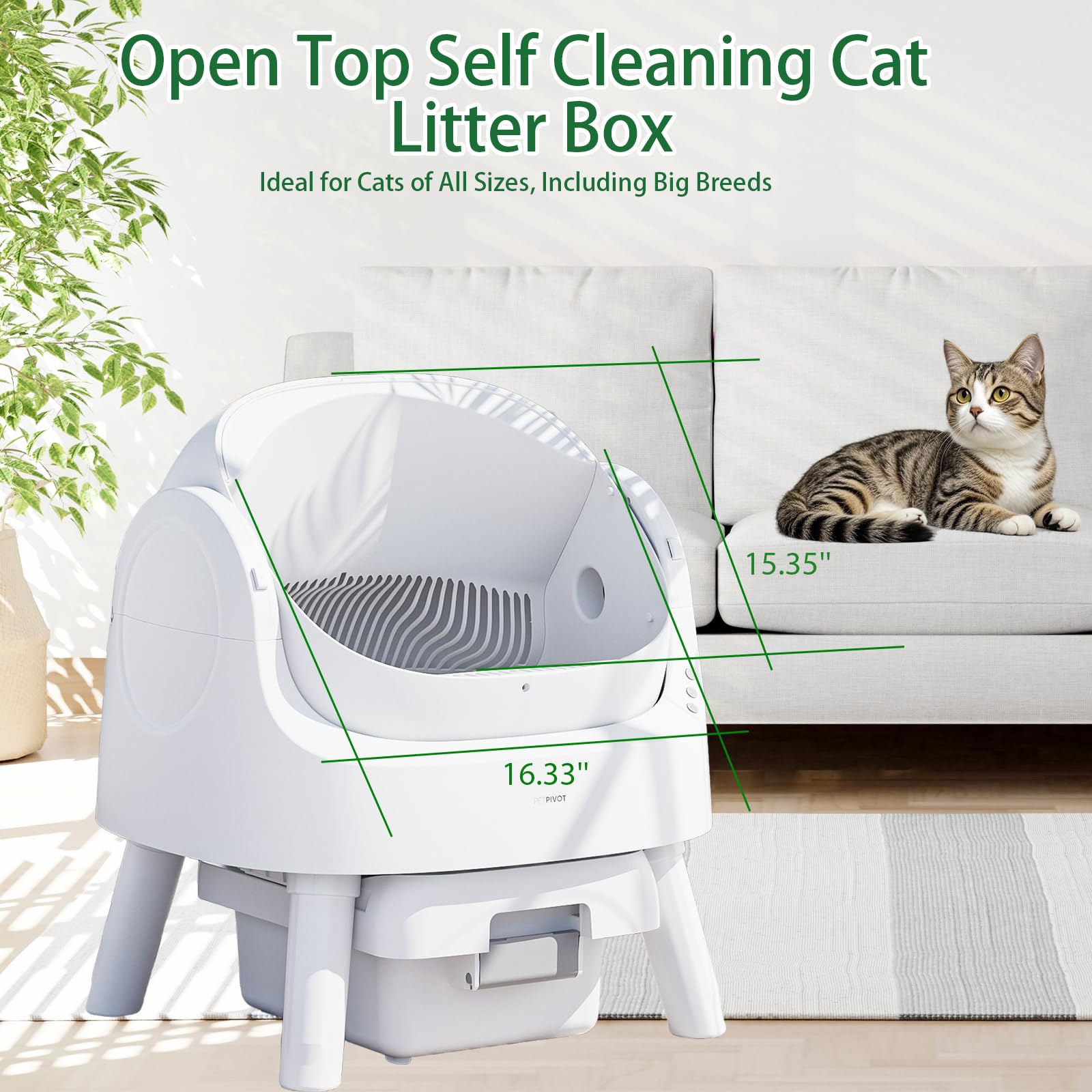 AutoScooper 11 Self Cleaning Litter Box, Open Top Automatic Cat Litter Box for Cats, Integrated Safety Protection Self Cleaning Litter Box with Mat & Liner, White (Manufacturer by PETPIVOT INC)