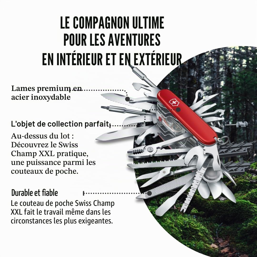 Victorinox Swiss Champ XXL, Couteau de Poche Suisse, Multifonction, Léger, 73 Fonctions, Grande lame, Petite lame, Lame serpette