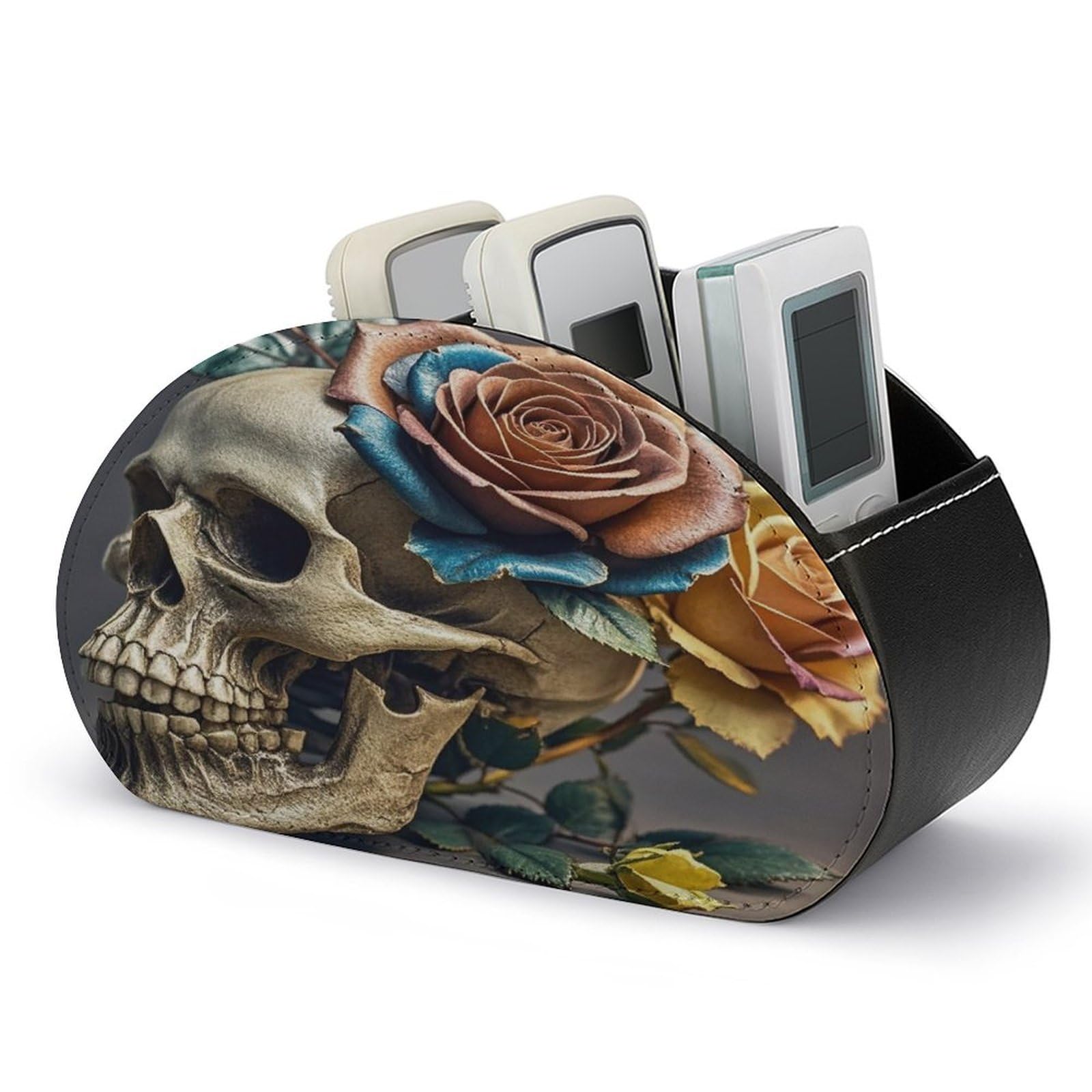 LZQPOEAS Leather Rose Skull Remote Control Holder with 5 Compartments PU Leather Remote Organizer Box Caddy for Table Nightstand Remote Caddy Desktop Organizer Fits Media Controllers