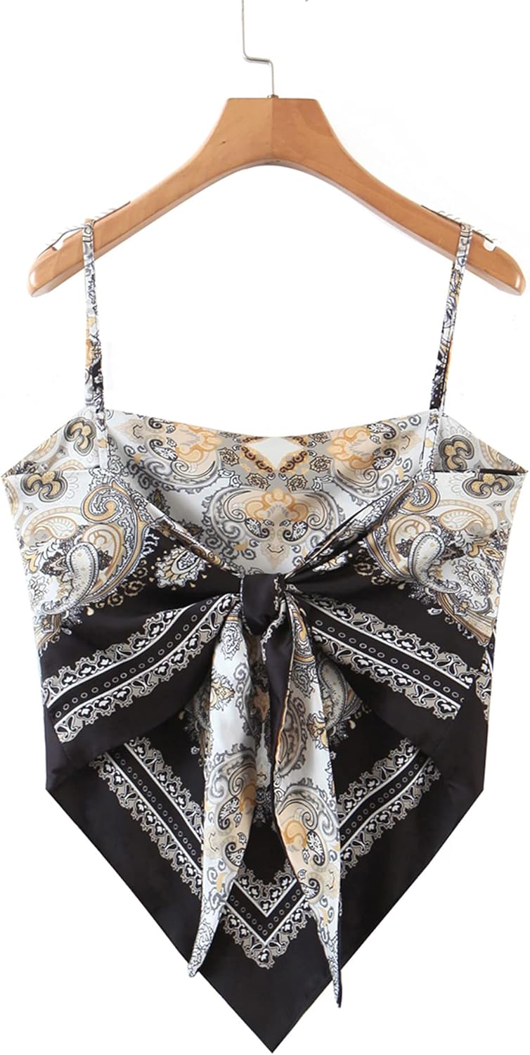 Women's Paisley Print Tie Back French Knot Hanky Hem Spaghetti Straps Handkerchief Cami Bandana Tube Crop Top - Image 2