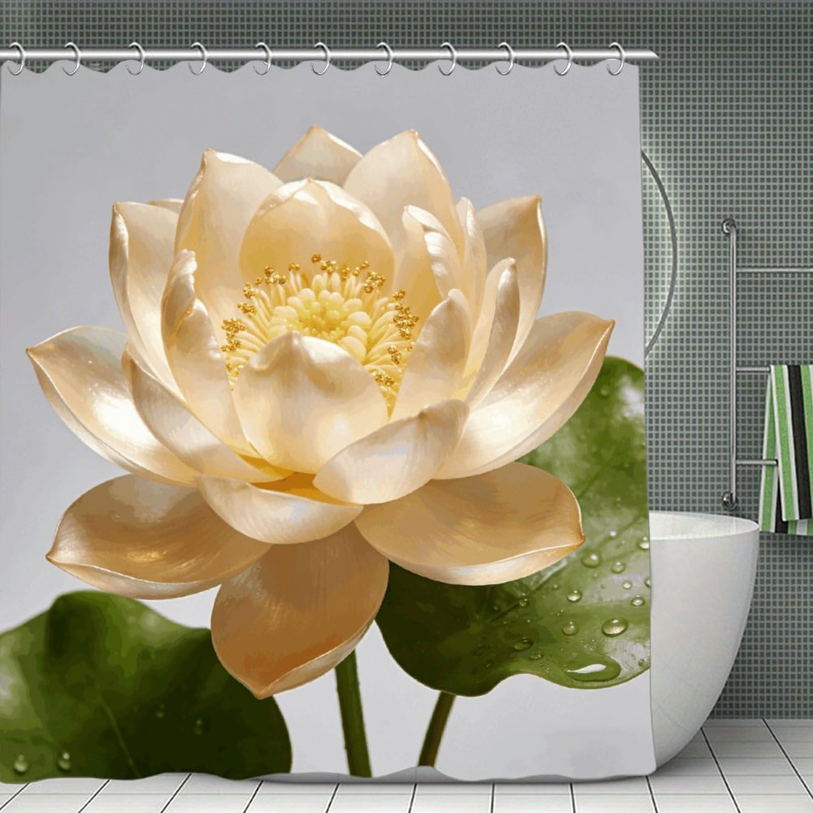 VstaDank Lotus Champagne Shower Curtain Light-Weight Blackout Bathroom Curtain Washable Shower Liner 71x71 Inch Bath Curtain with Metal Holes Bathtub Bath Room