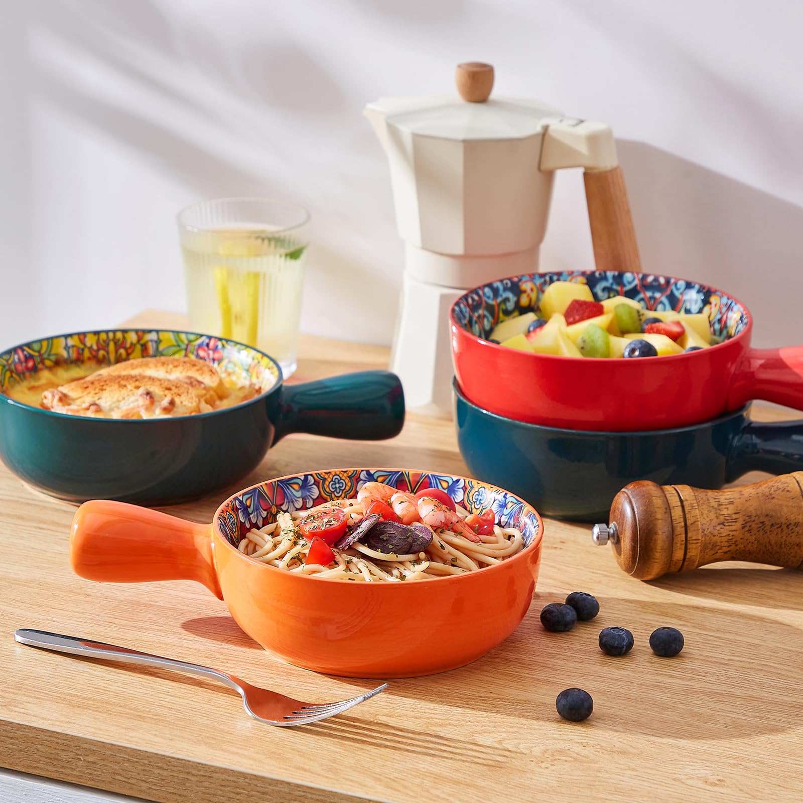 vancasso Set di 4 Zuppiera con Manici da 690ml, Ciotole per Cereali in Porcellana, Piatti Fondi, Insalatiera, Ciotole da zuppa di Cipolle Francesi, Sicuro in Microonde e Lavastoviglie, Stile Boho