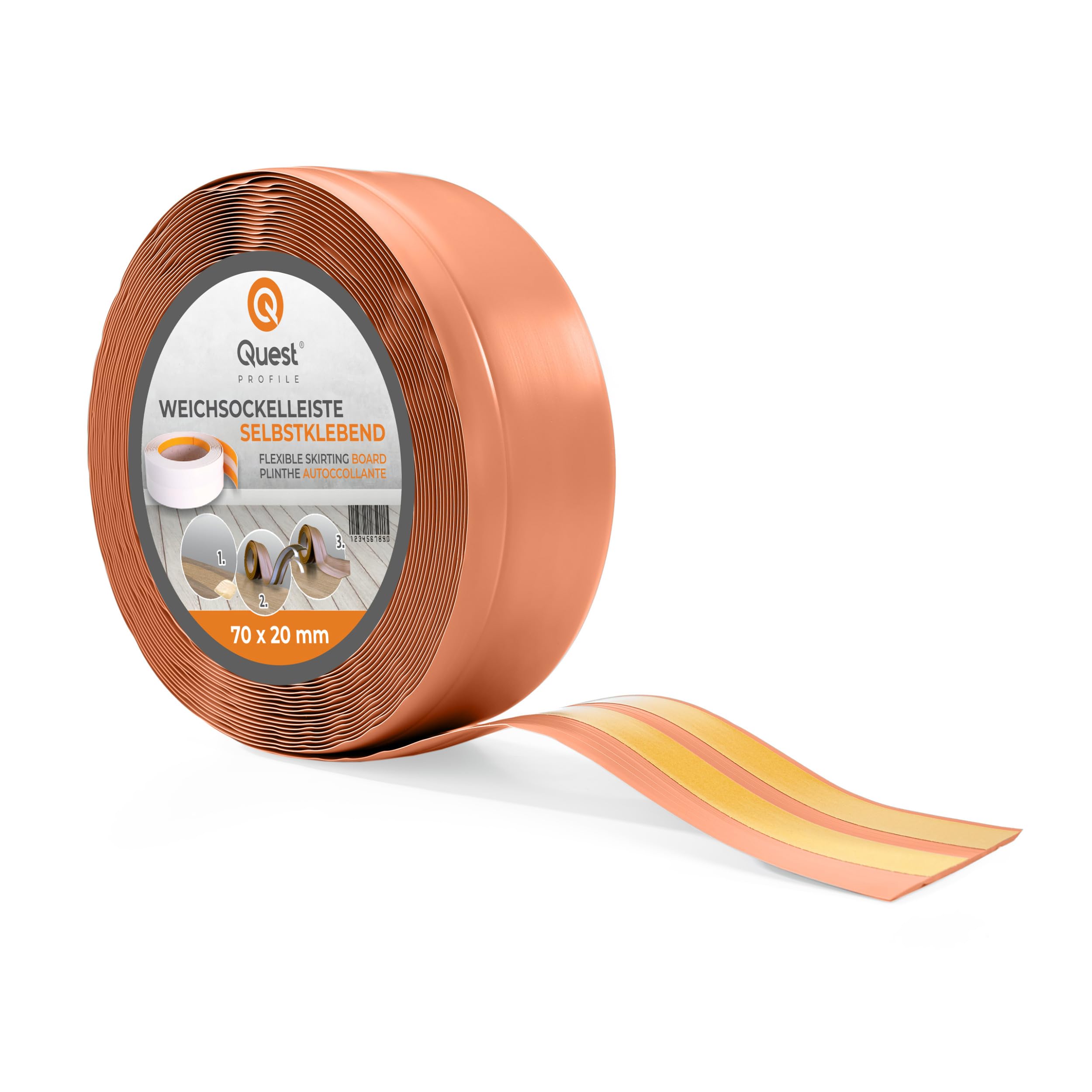 Quest Battiscopa PVC Morbido 70 x 20 mm Flessibile - Rosso Mattone, 15 mb | Listello di finitura autoadesivo, sigilla parete e pavimento, resistente ai raggi UV, per bagno e cucina, tagliabile