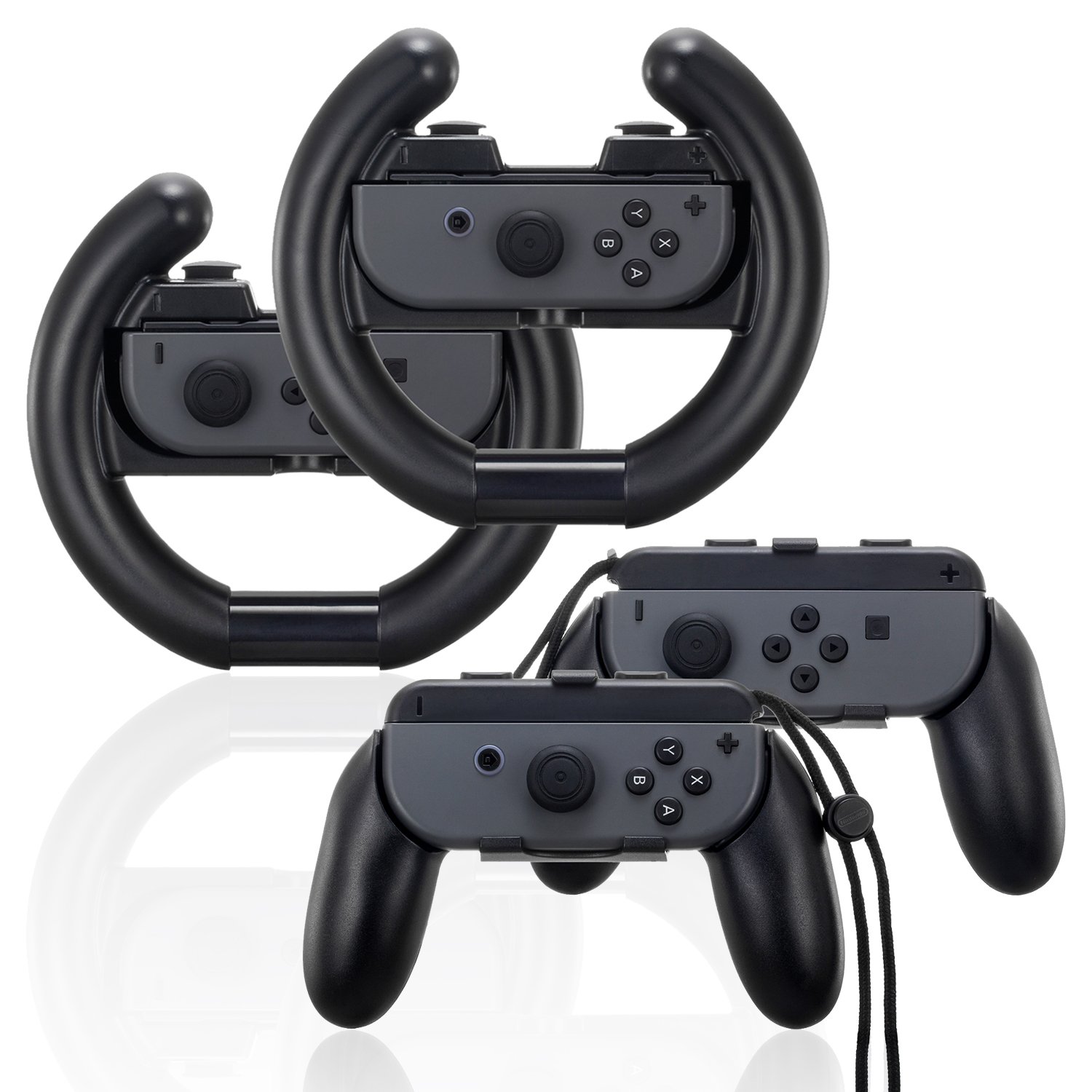 Nintendo Switch Wheel,AMDISI Joy Con Grip and Joy Con Wheel 4-Pack for Nintendo Switch Controller 2 Pair (Black)