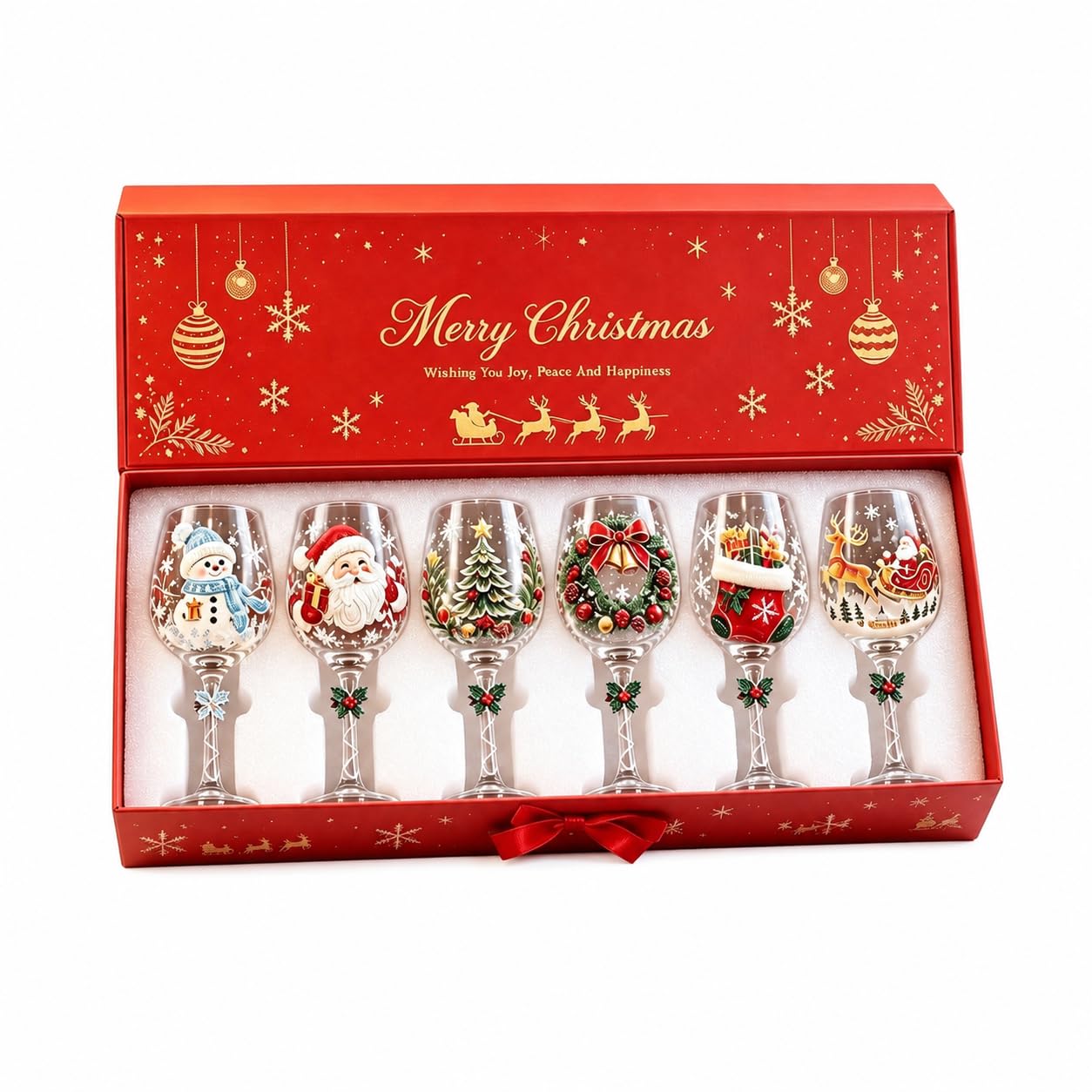 Christmas Wine Glasses Set Of 6 Pattern Goblet,Holiday Decor Drinking Glass