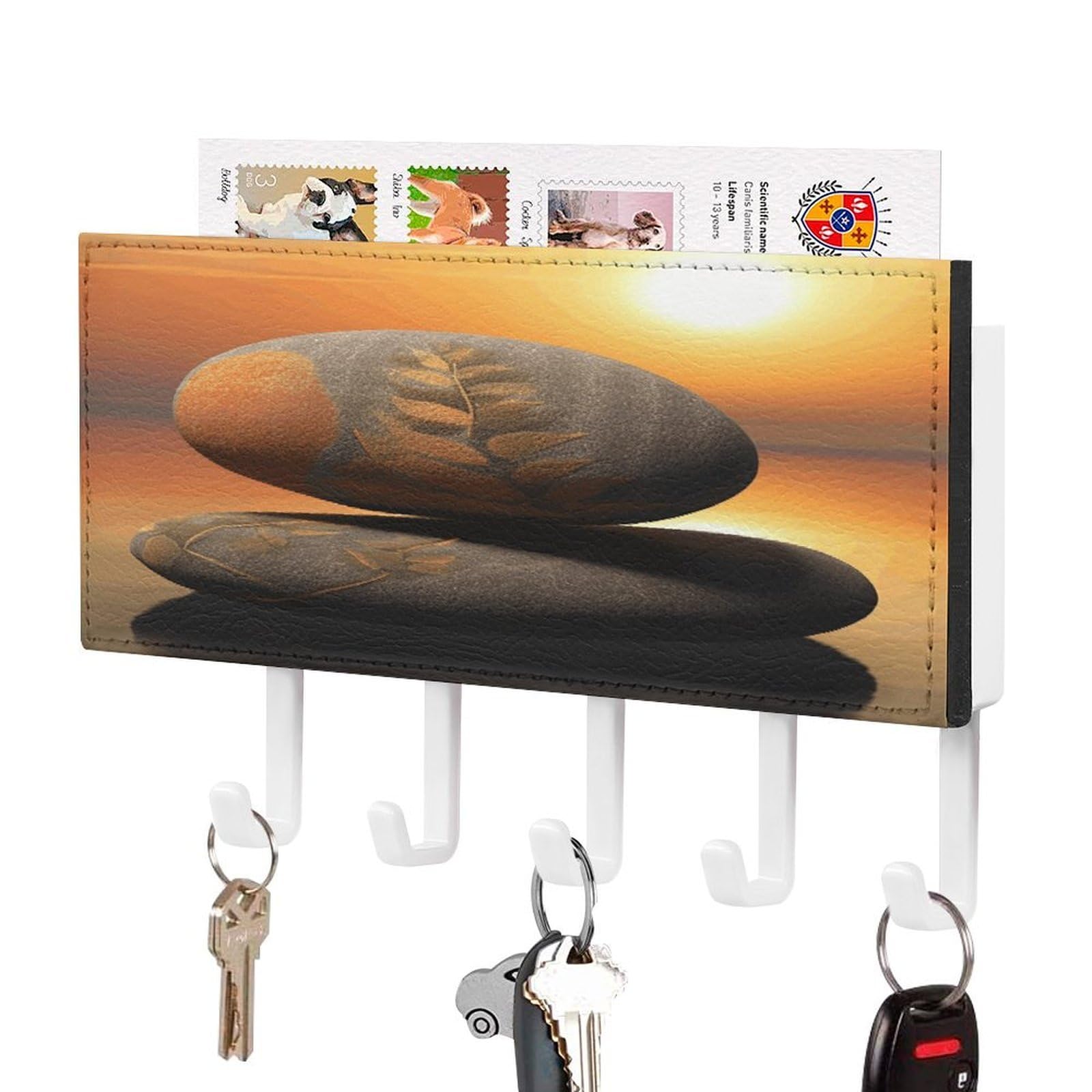 MUSM Sunrise Landscape Zen Stone Key Holder for Wall,Mail Organizer Wall Mount with 5 Hooks,Easy Installation Key Rack for Home Decor, Hallway, Entryway, Appartment