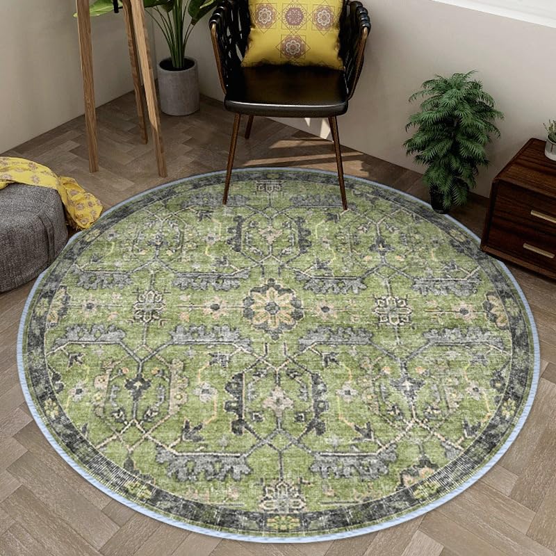 Tapis rond lavable anti-glisse 180 cm vert géométrique pour éviter les chutes