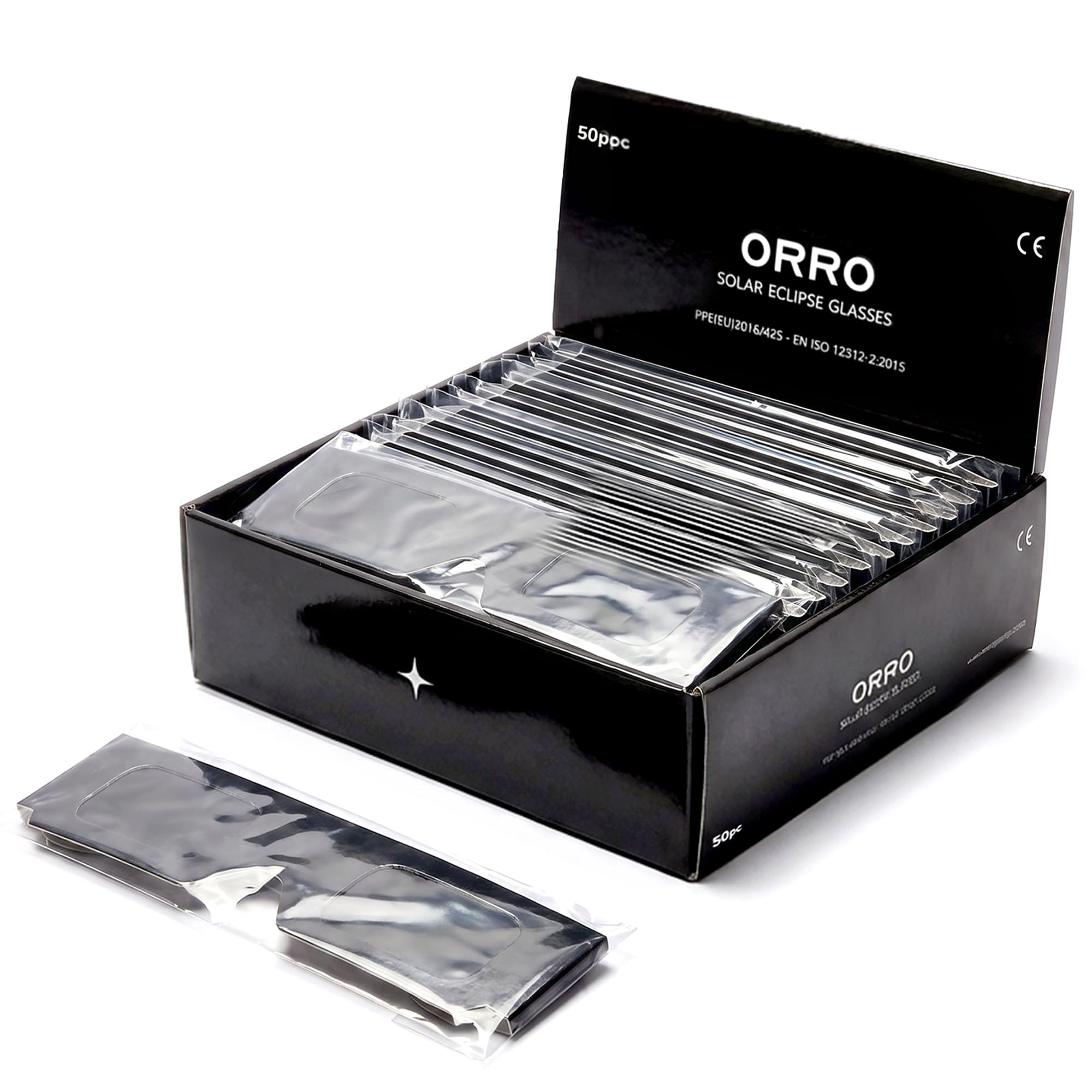 ORRO 37mm Solar Eclipse Glasses, 2/6/12/50 Pack, Black, Certified Eye Protection, EN ISO 12312-2:2015 Tested, CE Marked for Direct Solar Viewing - Classic Fit