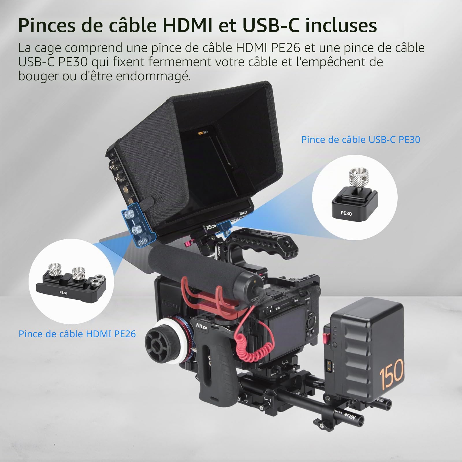 Nitze Cage pour Moniteur d'Enregistrement Blackmagic Design Video Assist 7" 12G-SDI/HDMI HDR avec Pare Soleil, Serre Câble HDMI et Serre Câble USB-C - JT-B02B