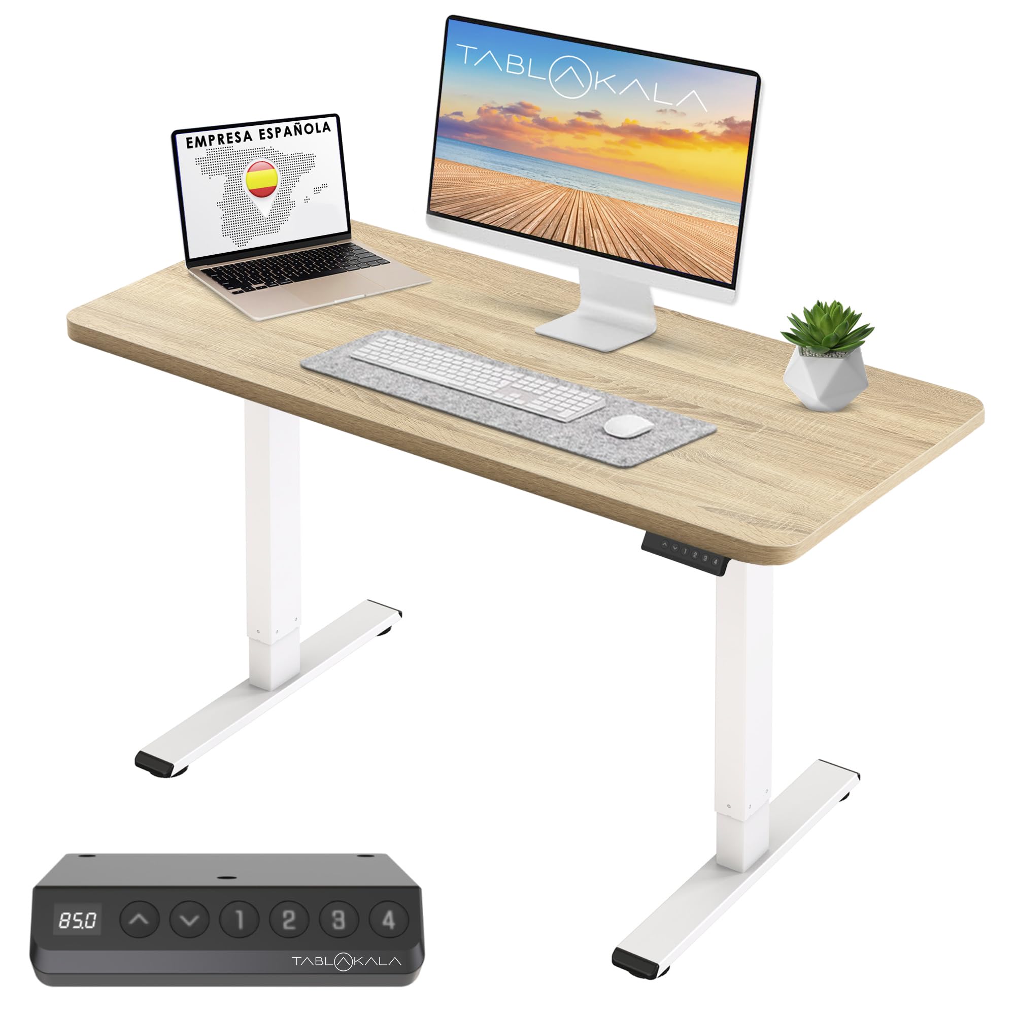 Escritorio Elevable 1 Motor, Ajustable en Altura 71 a 121cm, Mesa Escritorio Elevable, Standing Desk, Mesa Elevable Secretaria, Esquinas Redondeadas (Blanco + Tablero Roble, 140 x 70 cm)