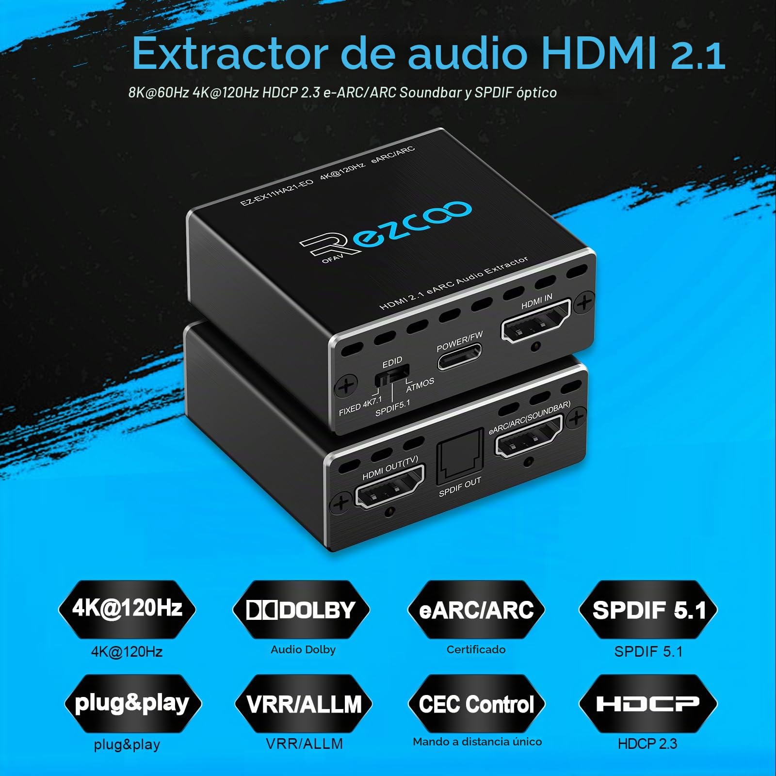 ROFAVEZCO Extracteur Audio HDMI 2.1 eARC 4K@120Hz Dolby Atmos/Vision VRR/ALLM CEC Bypass HDCP2.3 SPDIF Plug & Play pour Soundbars/Sonos ARC/eARC/PS5/Xbox