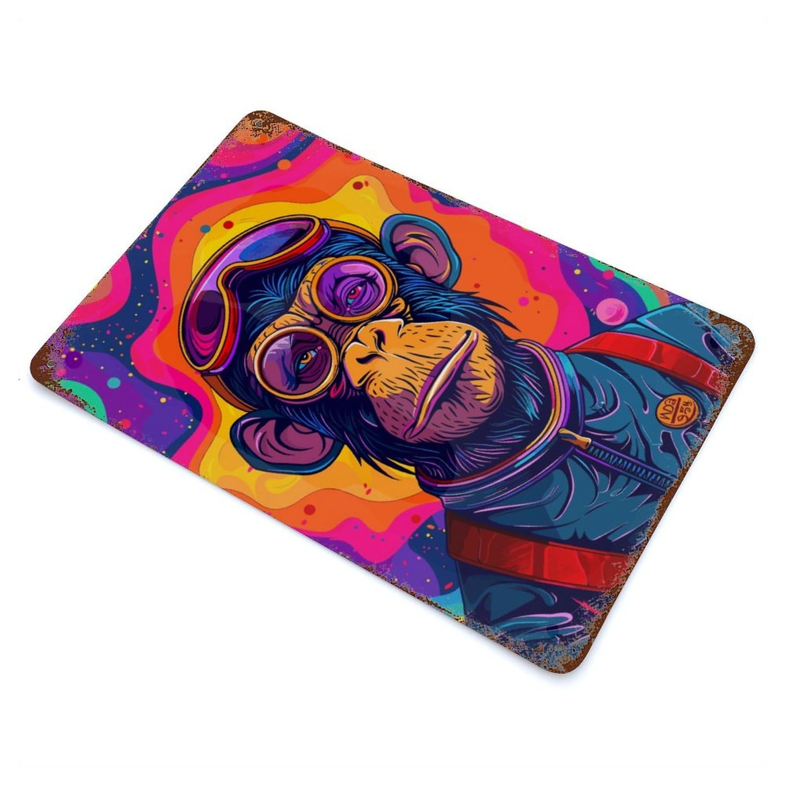 Distressed Metal Wall Sign with Astronaut Chimp Space Design 11.8"x7.9", for Living Room, Hallway And Home Decor, Vintage Wall Decor