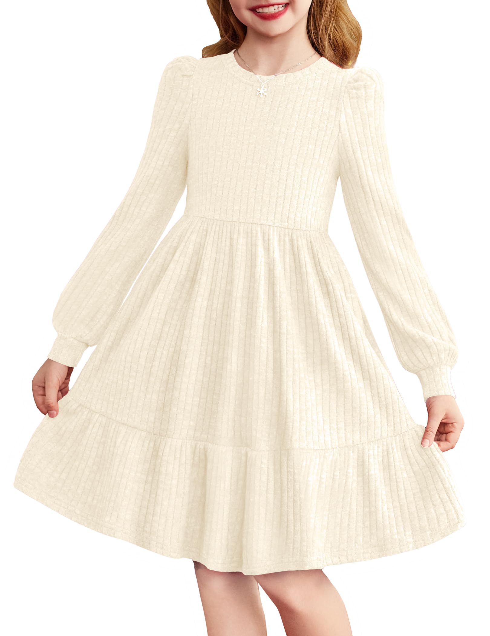 Arshiner Mädchen Pullover Kleid Puffärmel Rippenstrick Kleid Frühlingskleid Kinder Langarm Elegante Einfarbiges Festliche Kleider Rundhals A-Linien Freizeitkleid, 6-14 Jahre