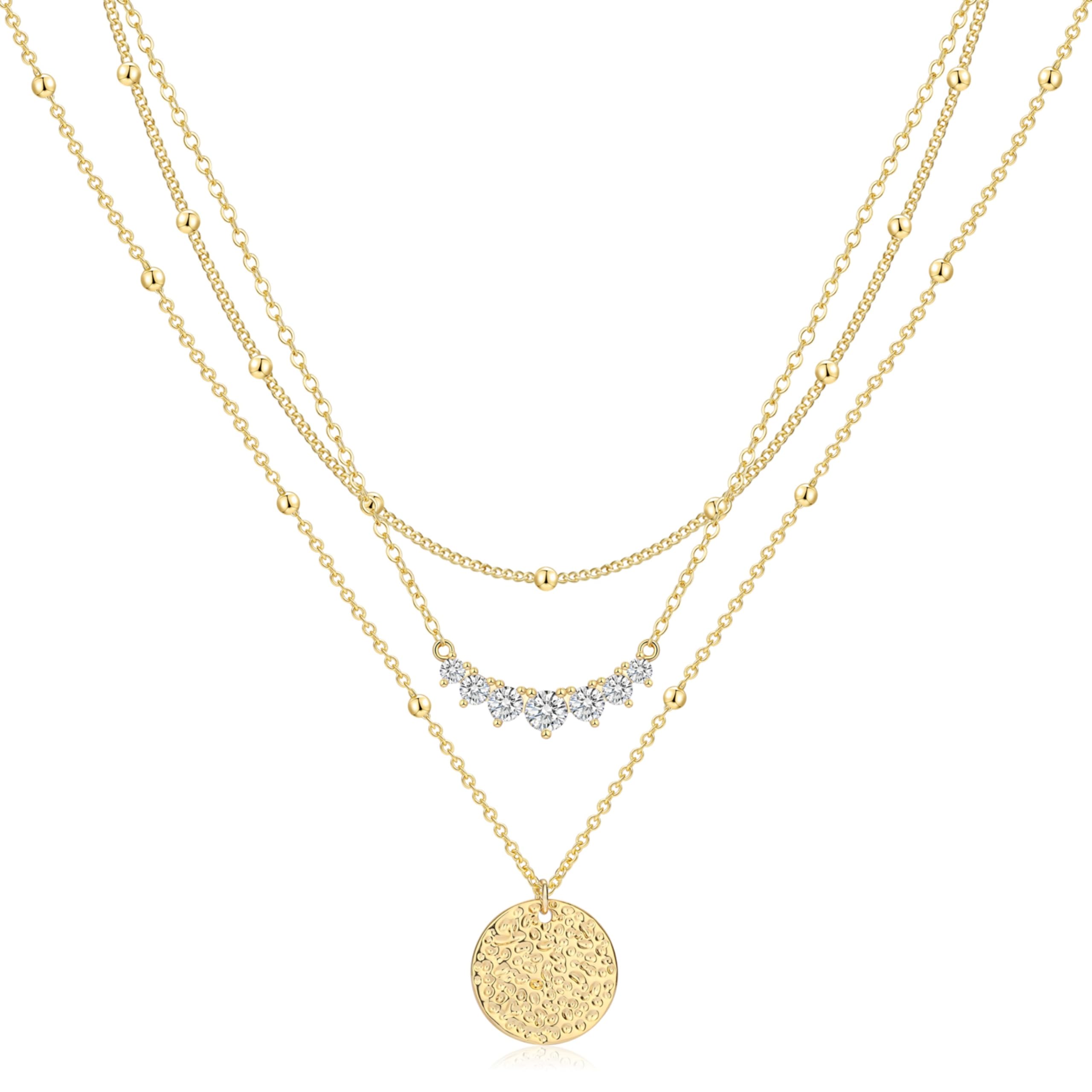 Yatumery Layered Necklaces for Women 14K Gold Plated Stack Circle Pendant Trendy Long Chain Stackable Handmade Coin Necklace Set Dainty Gold Stacked