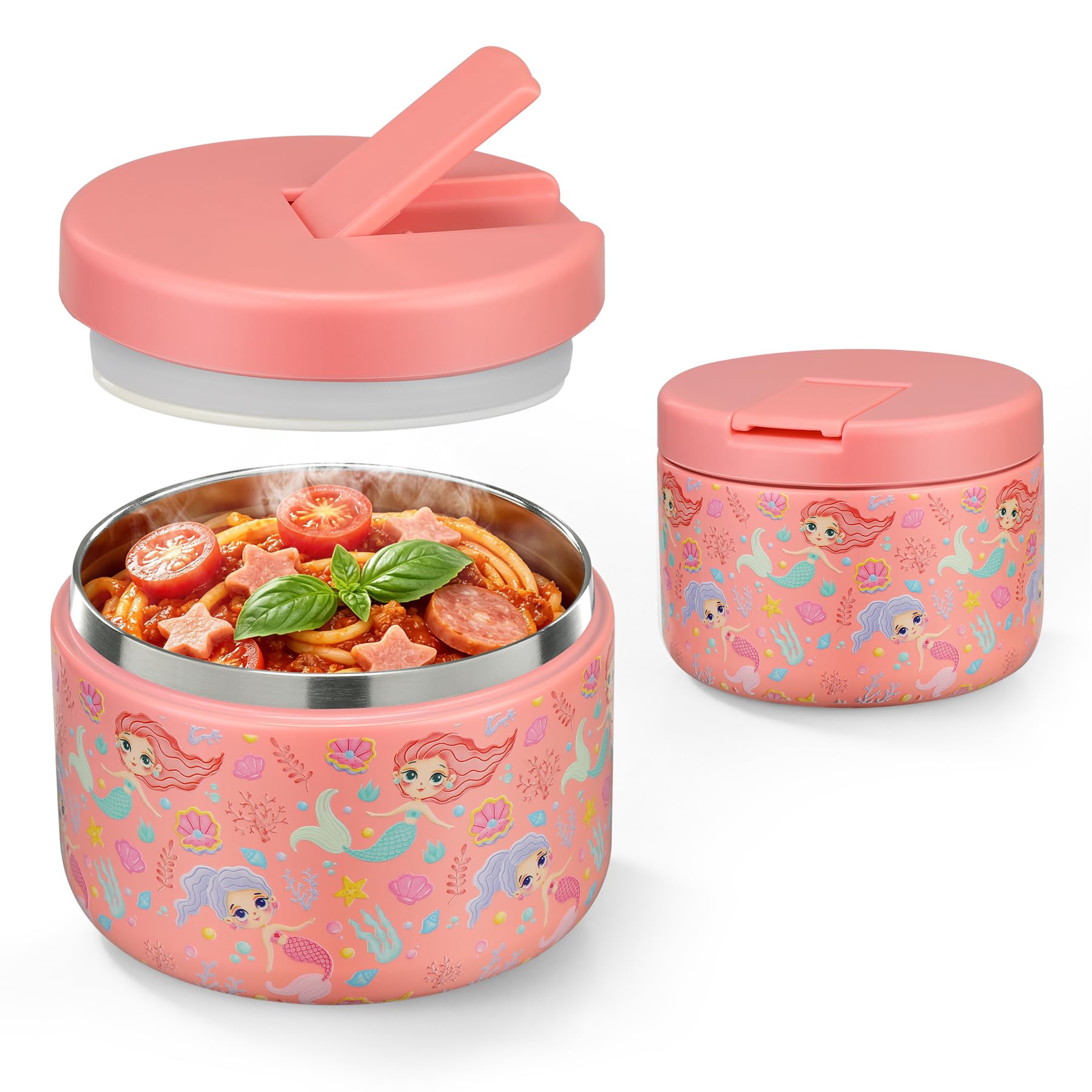 Pawtong 12oz Insulated Vacuum Food Jar with Buckle Lid Wide Mouth Soup Thermo for Hot Food Kids Leakproof Stainless Steel Lunch Container (mermaid) Pink-Mermaid 12OZ