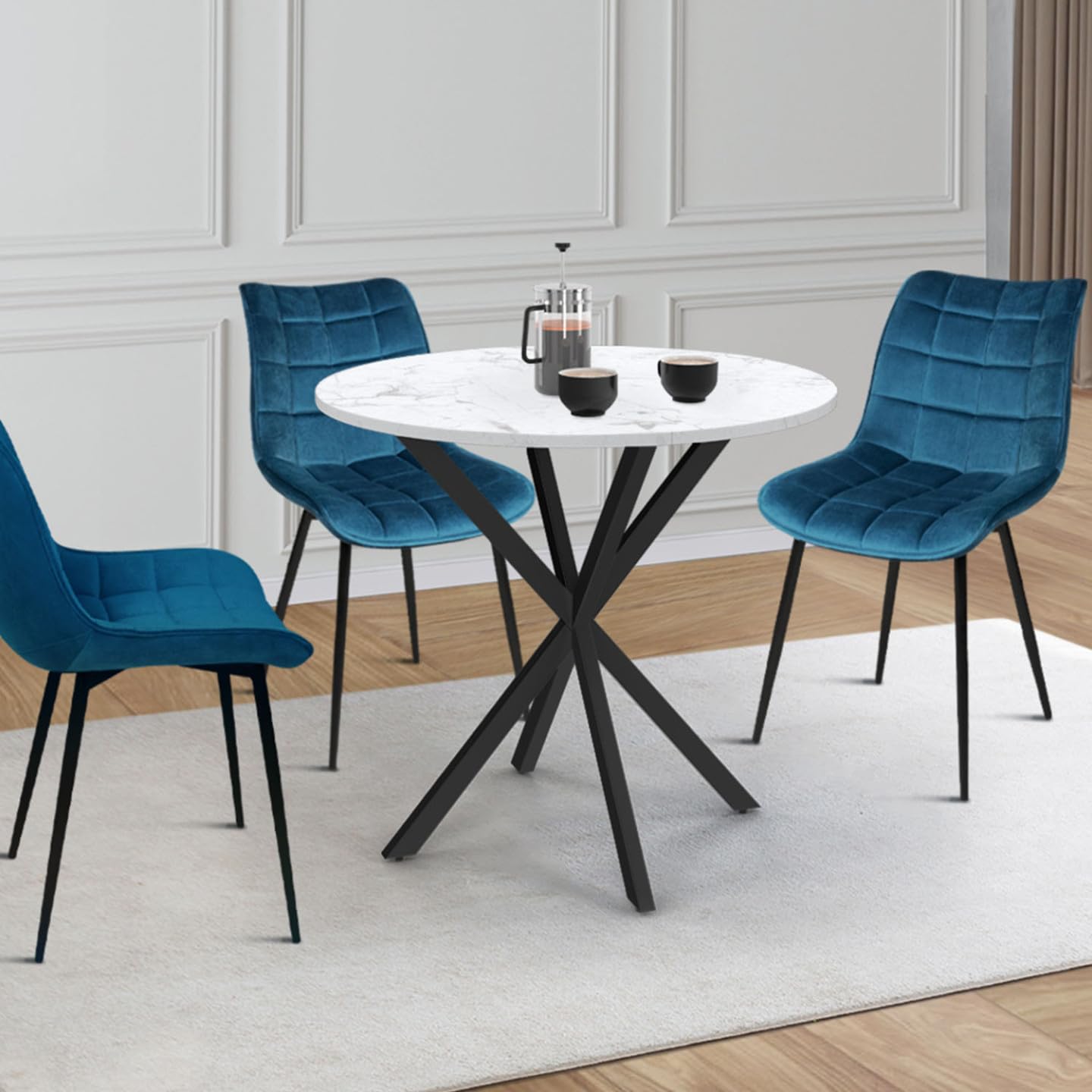 IDMarket – Mesa de comedor redonda Alix 4 personas Pie araña negro Bandeja efecto mármol blanco Alaska 80 cm