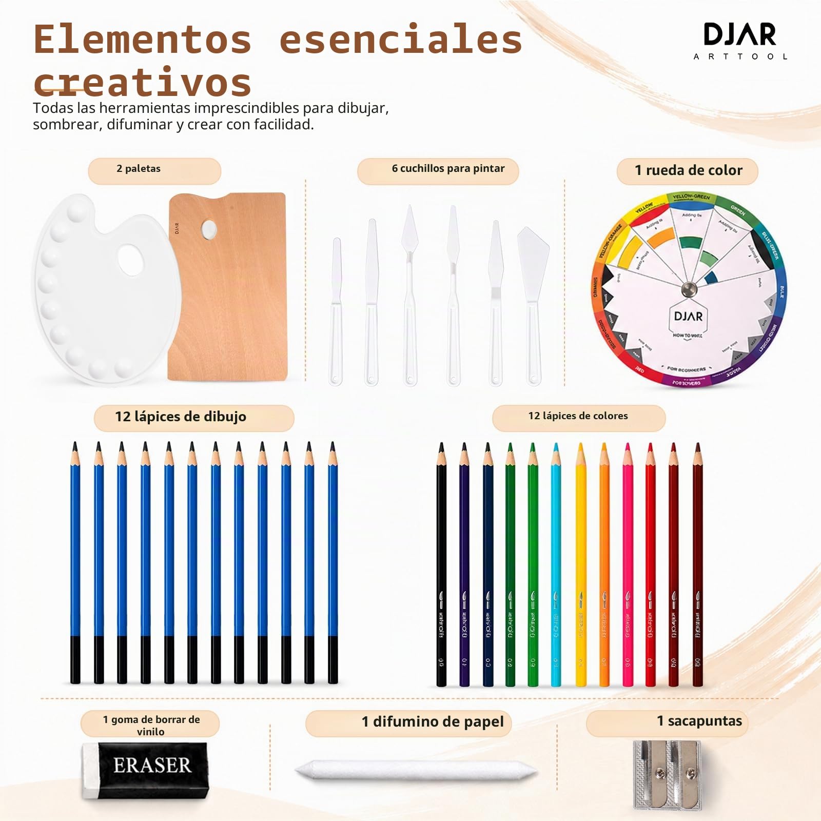 DJAR Set de Pintura Completo 174 Piezas con Caballete de Mesa, Kit Definitivo de Acrílico, Acuarela y Óleo, 96 Colores para Principiantes, Profesionales y Artistas