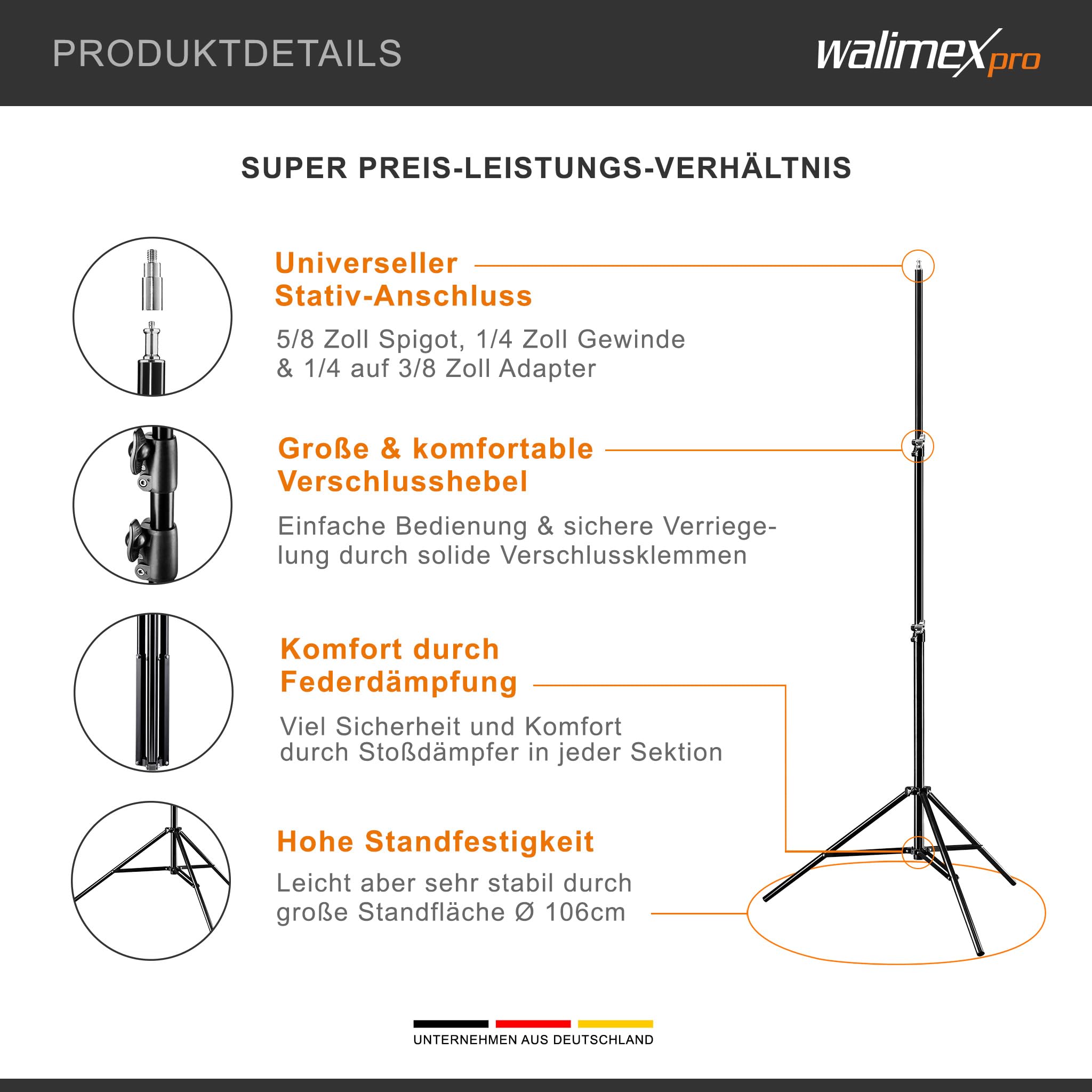 Walimex pro FT-8051 Lampenstativ 260cm - Lichtstativ mit Federdämpfung, Höhe max 260 cm, 5 kg Traglast, Aluminium, für Fotografie Studio Outdoor, mit Tasche und Adapter, Schwarz