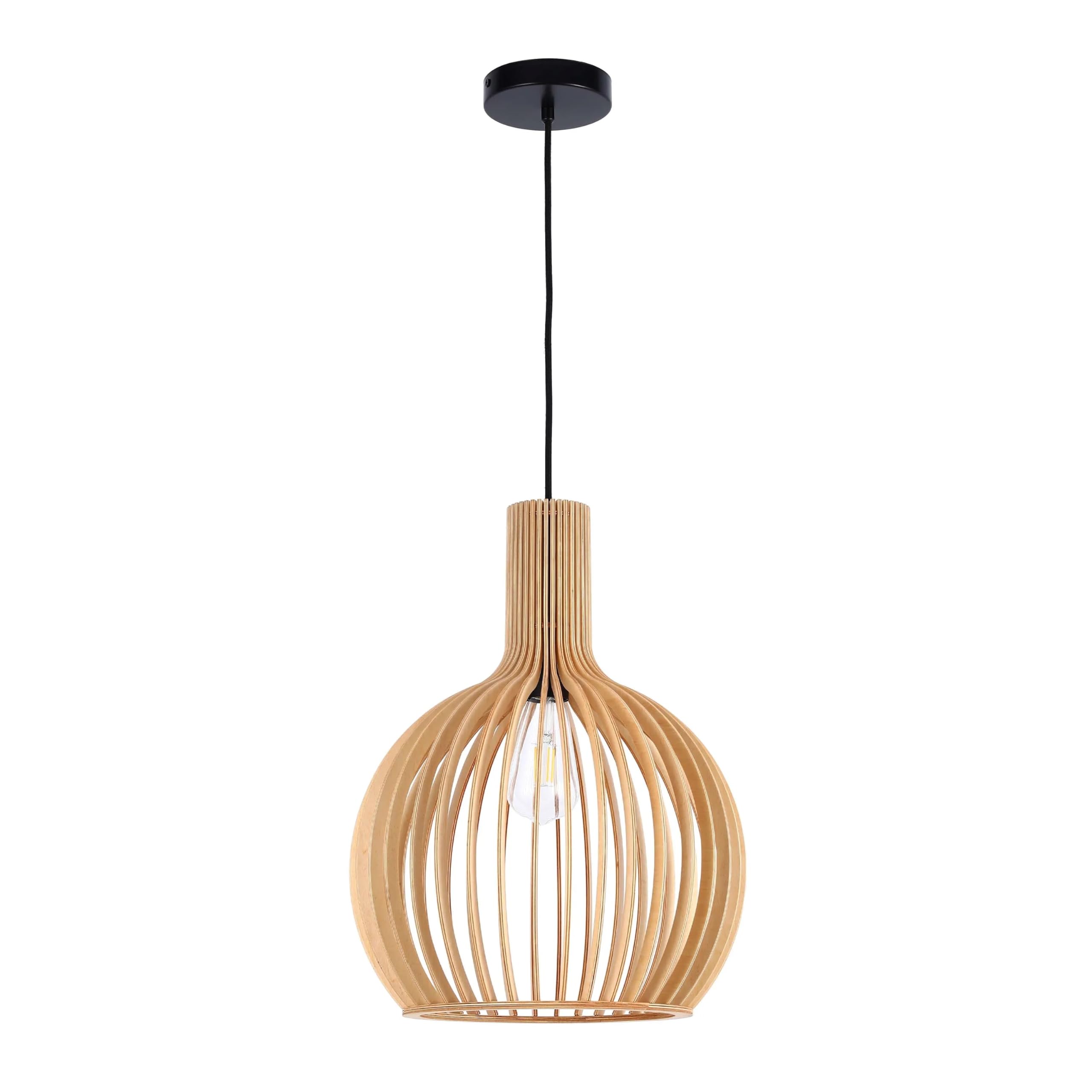 TEKLED Modern Wood Slat Pendant - Curvy Scandi Hanging Light for Nursery, Natural Timber E27 Ceiling Lamp with Adjustable Cord
