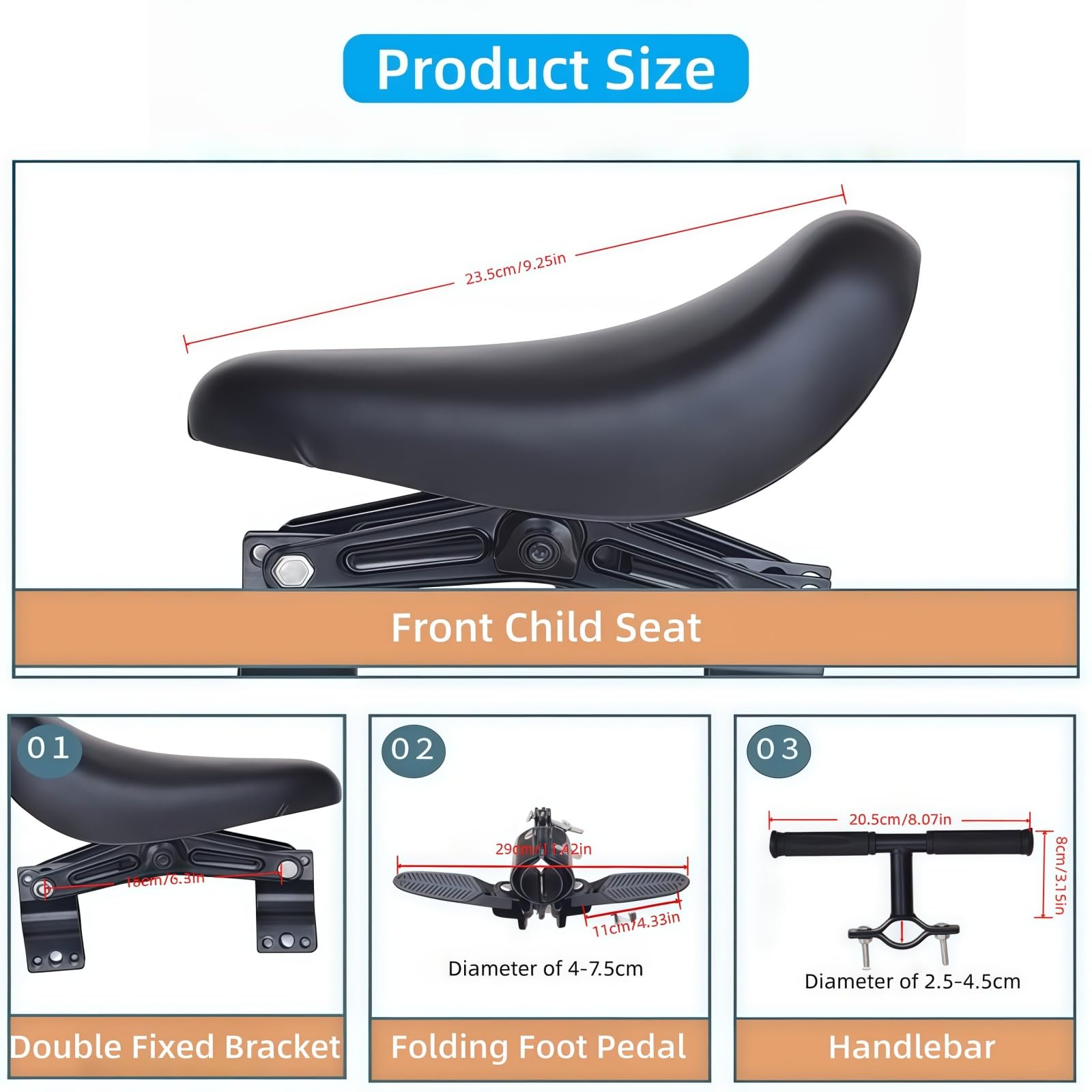 Silla infantil para bicicleta de montaña, asiento delantero con reposapiés, manillar y pedales para niños de 2 a 6 años, silla infantil delantera desmontable para la mayoría de las bicicletas modernas