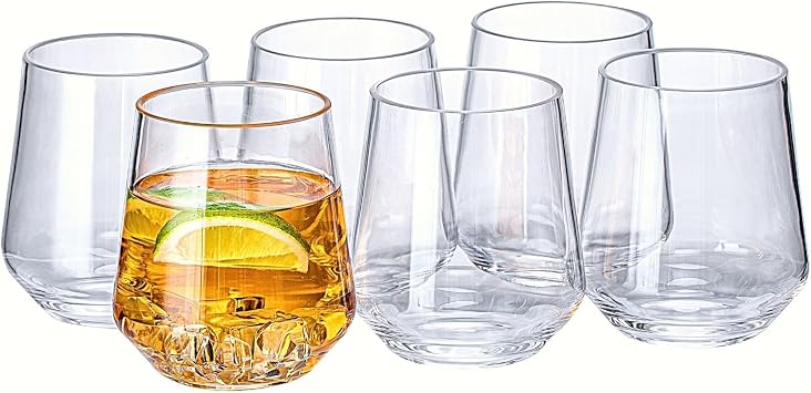 16oz Clear Stemless Wines Cups Set of 6, Shatter-Proof Acrylic Glasses Drinkware, Reusable Plastic Bar Glasses, BPA-Free, Dishwasher-Safe