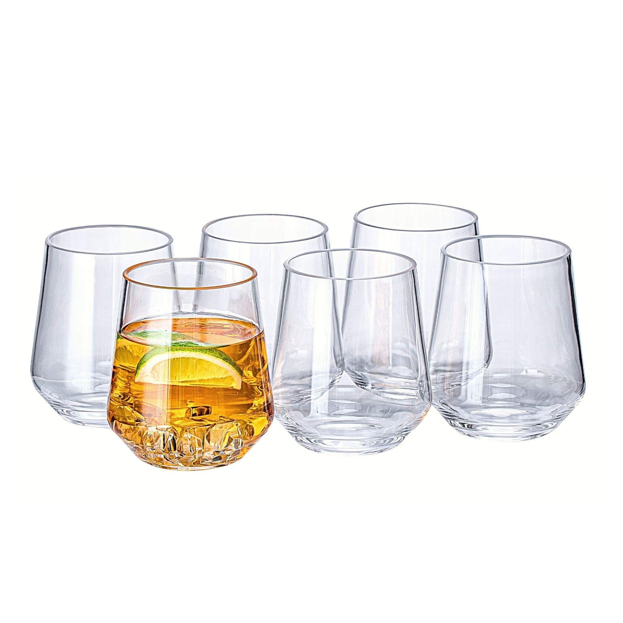 16oz Clear Stemless Wines Cups (Set of 6), Shatter-Proof Acrylic Glasses Drinkware, Reusable Plastic Bar Glasses, BPA-Free, Dishwasher-Safe