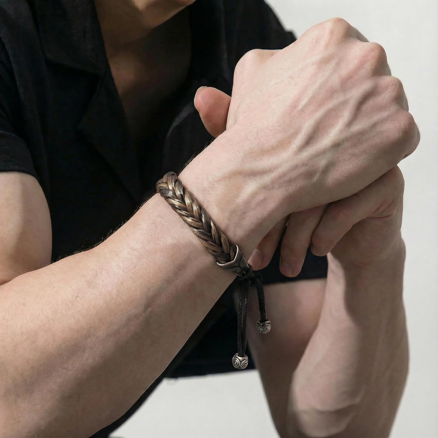 Leather Bracelet for Men, Adjustable Braided Leather Bracelet Wristband, Men's Leather Jewelry - Image 2