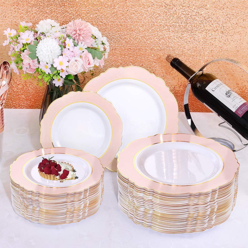 WDF 60pcs Pink Dessert Plates - 7.5inch Baroque Pink &White Disposable Dessert/Appetizer Small Cute Cake Plates for Upscale Parties &Wedding-Special for Baby Shower, Brithday, Easter - Image 8