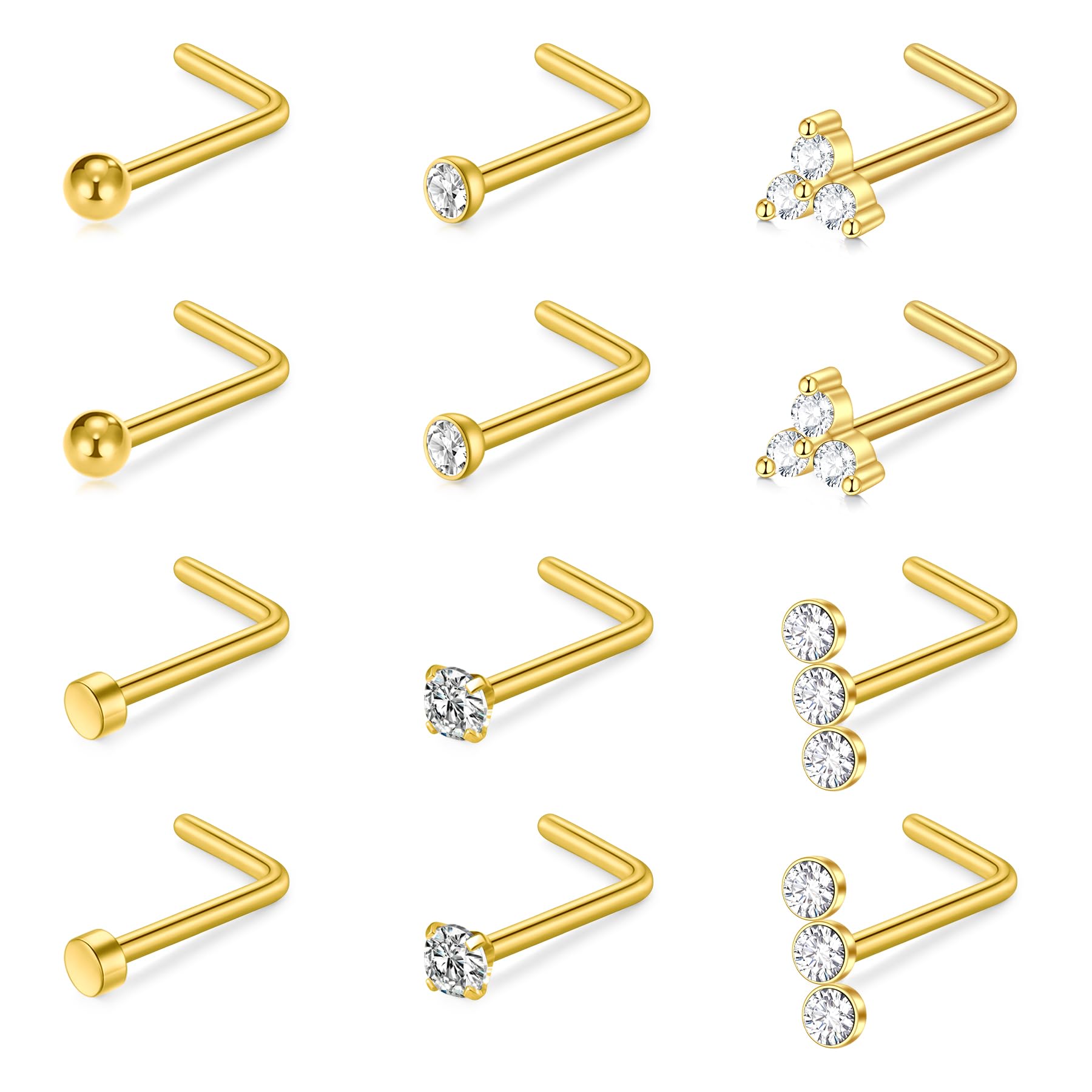 Funseedrr Nasenstecker 18G 20G Nasenschraube 2mm CZ Chirurgenstahl Nasenpiercing mit Zirconia Nase Nostril Piercing Schmuck 12 Stück Silber Gold