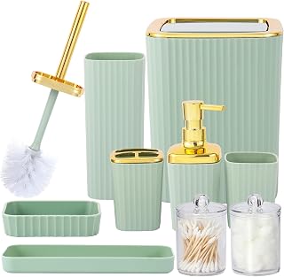 Bathroom Accessory Set,9 Pieces Light Green Bathroom Accessories Set with Trash Can, Toothbrush Holder, Soap Dispenser, Toothbrush Cup, Vanity Tray, Soap Dish, Toilet Brush, Qtip Holder