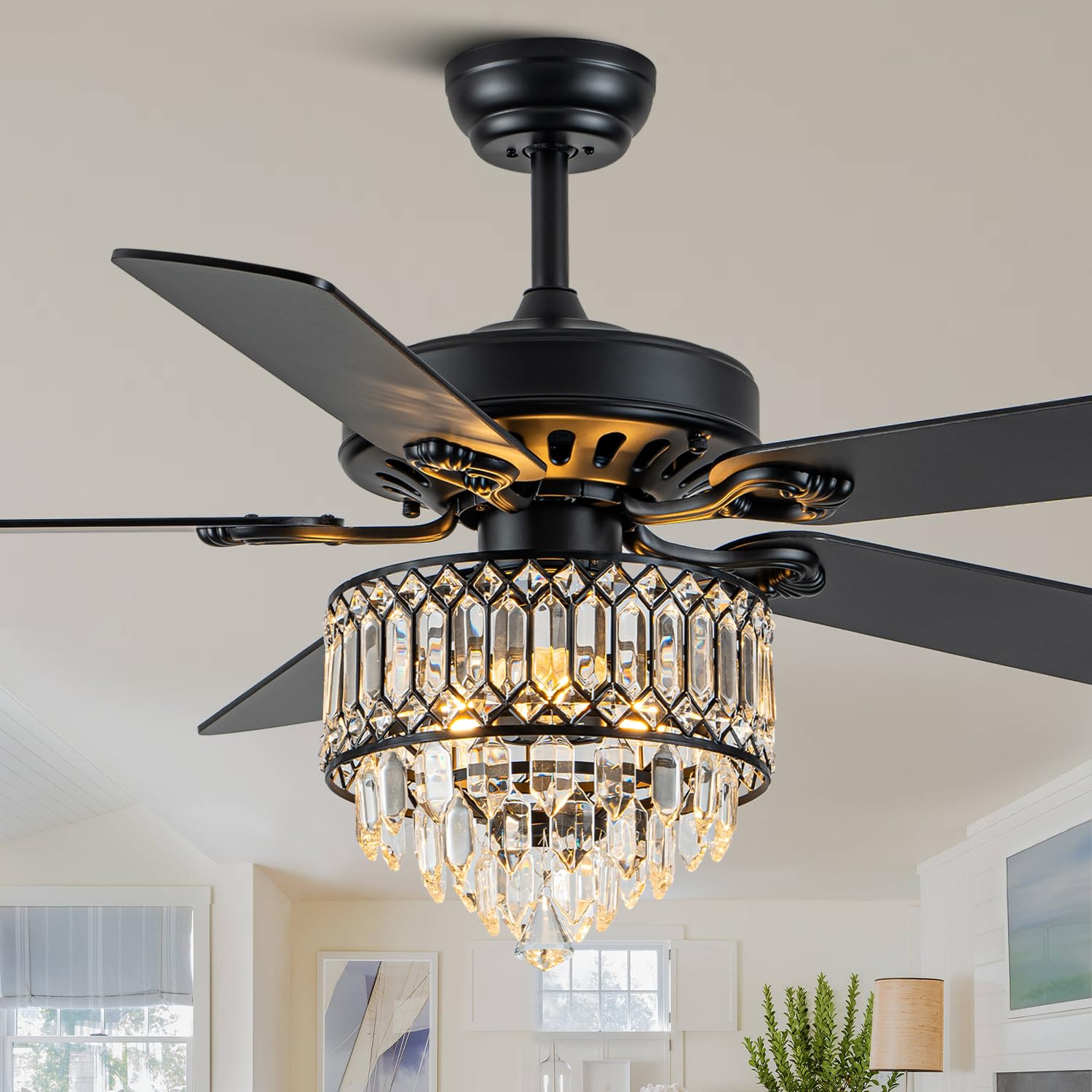 ふ*じ様 802products Crystal chandelier ブラック 52 Inch Crystal Ceiling Fan, Black Chandelier Ceiling Fan with