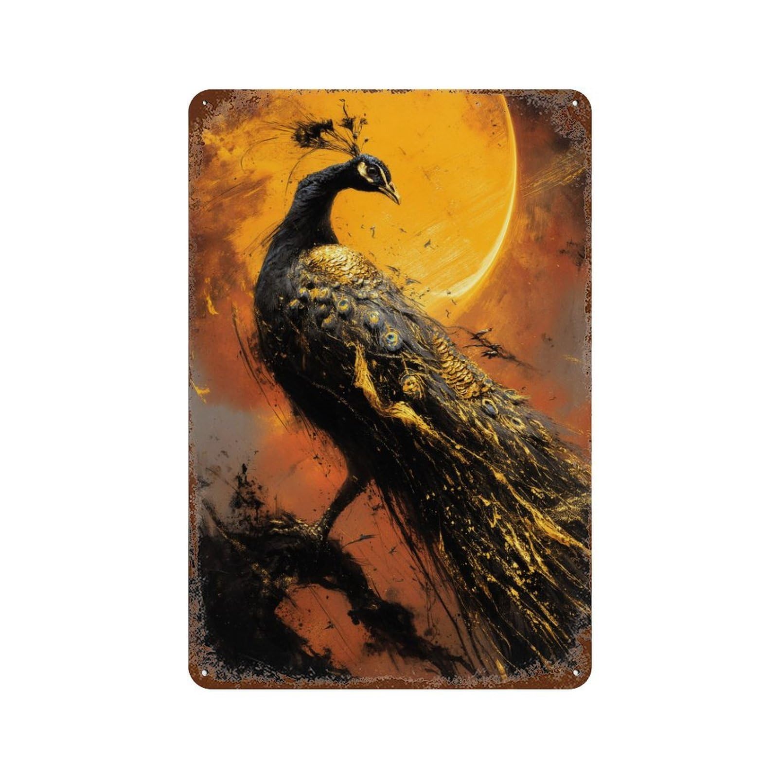 Rustic Tin Plaque Golden Peacock Art Print-1 11.8"x7.9", Vintage Wall Decor for Pub, Kitchen And Man Cave Decor