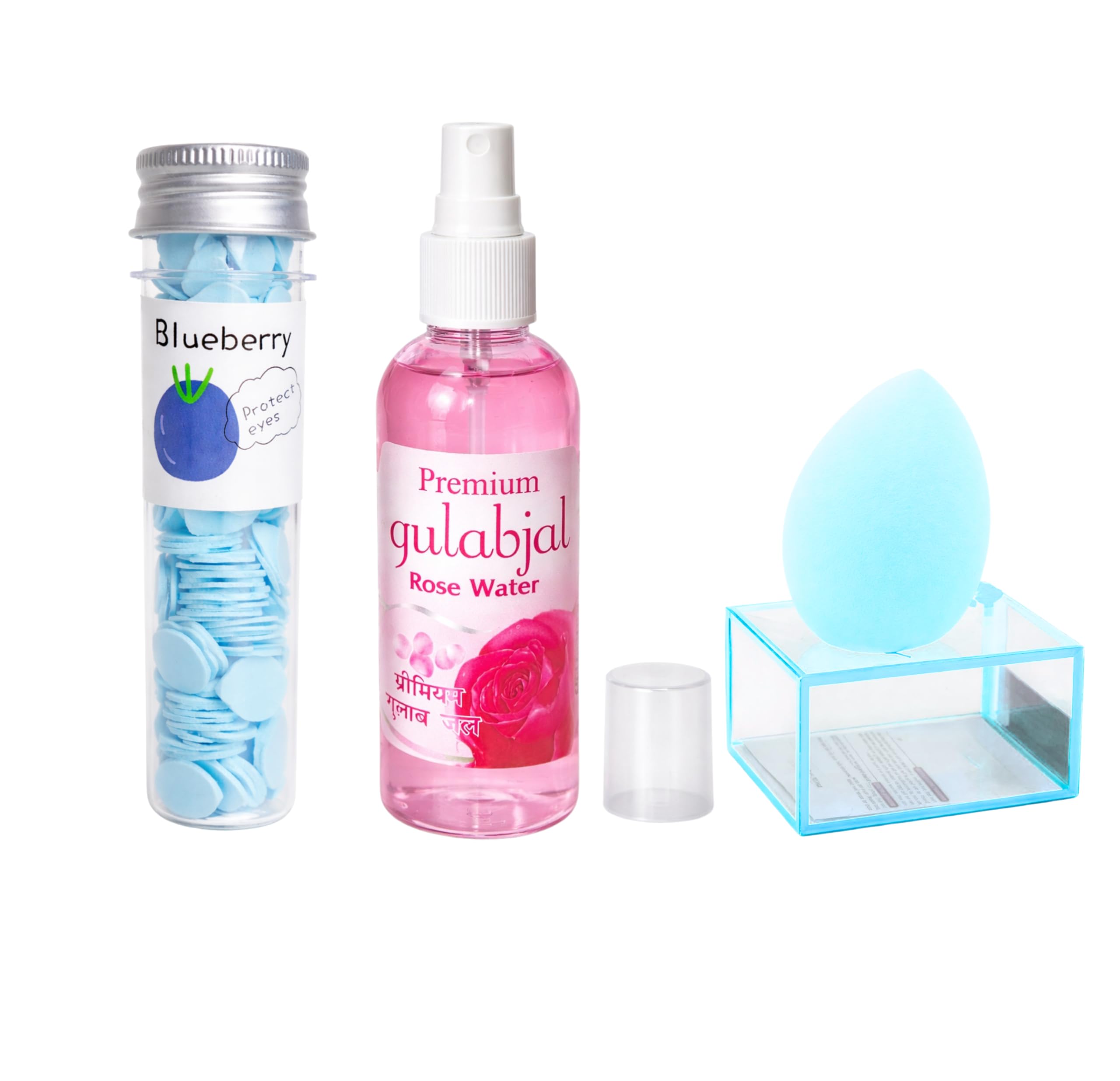 3-in-1 Daily Fresh Skincare & Travel Hygiene Combo Kit | Premium Gulabjal Rose Water Facial Mist Spray | Portable Blueberry Paper Soap Flakes Tube | Sky Blue Makeup Blender Sponge with Storage Case-picture-11
