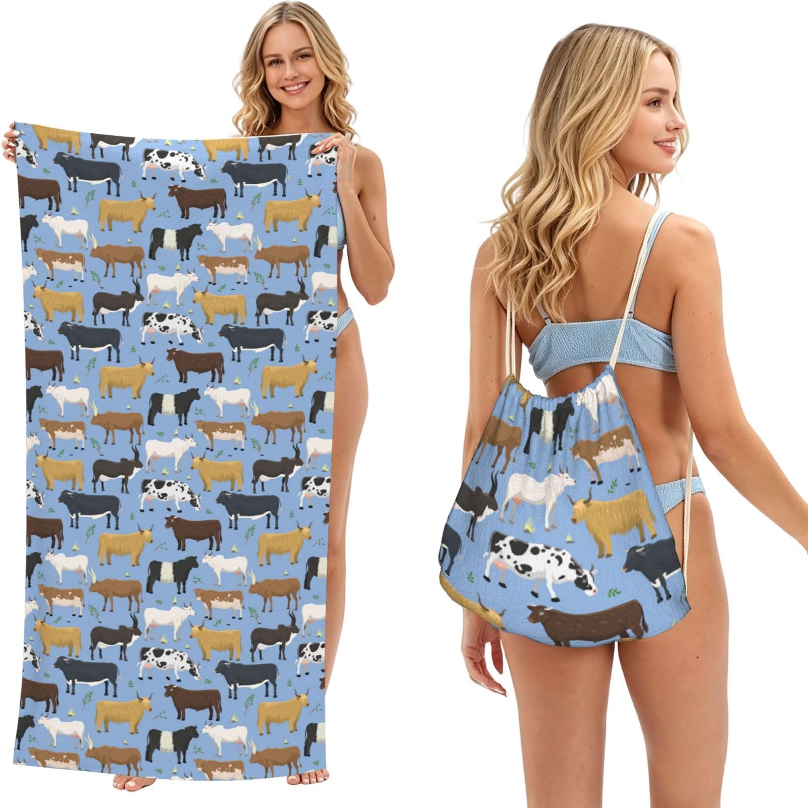 Poadnly As Picture Set Of Bulls And Cows Farm Animal Cattle Mammal, 2 In 1 Packable Towel Bag, Beach Towels With Drawstring Backpack For Travel Holiday Camping