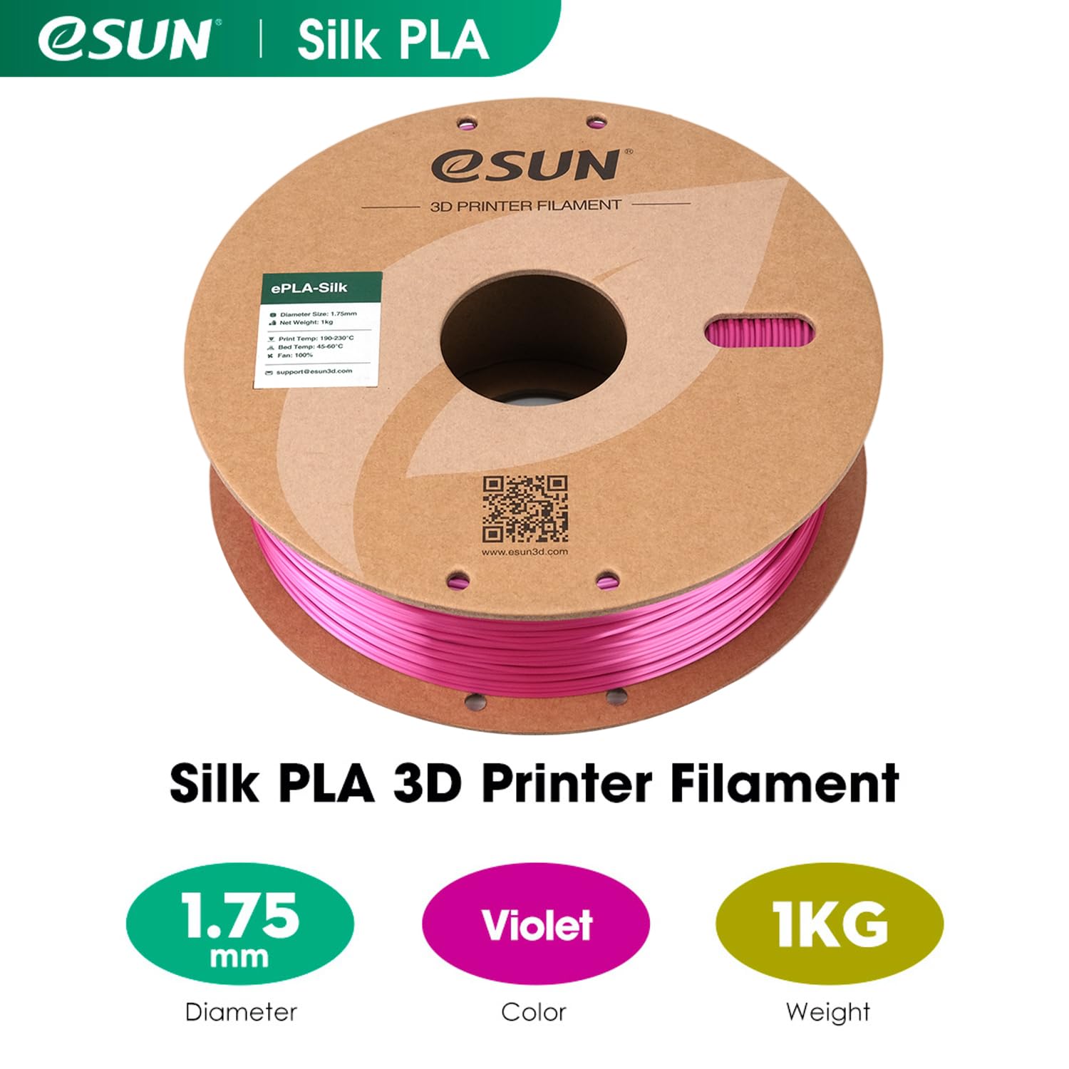 eSUN Filamento PLA Seta 1.75mm, Filamento PLA per Stampante 3D Lucido Serico, Precisione Dimensionale +/- 0.05mm, Bobina da 1KG (2.2 LBS) Filamento per Stampa 3D per Stampanti 3D, Seta Violet