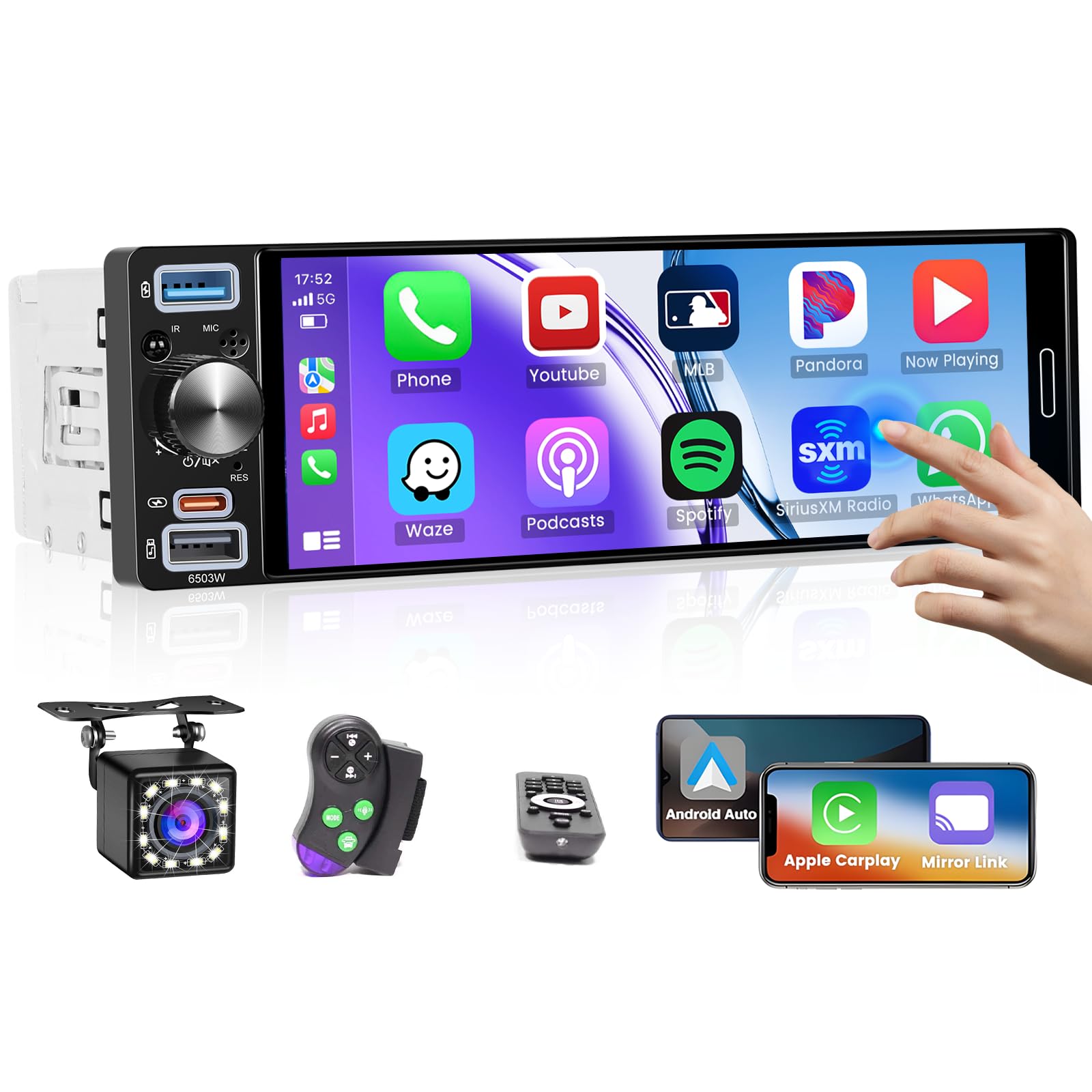 Hikity 6.5" 1 DIN CarPlay Radio Coche con Bluetooth FM RDS | Incell Pantalla Táctil Android Auto Cámara Trasera Mirror Link EQ Control del Volante USB AUX