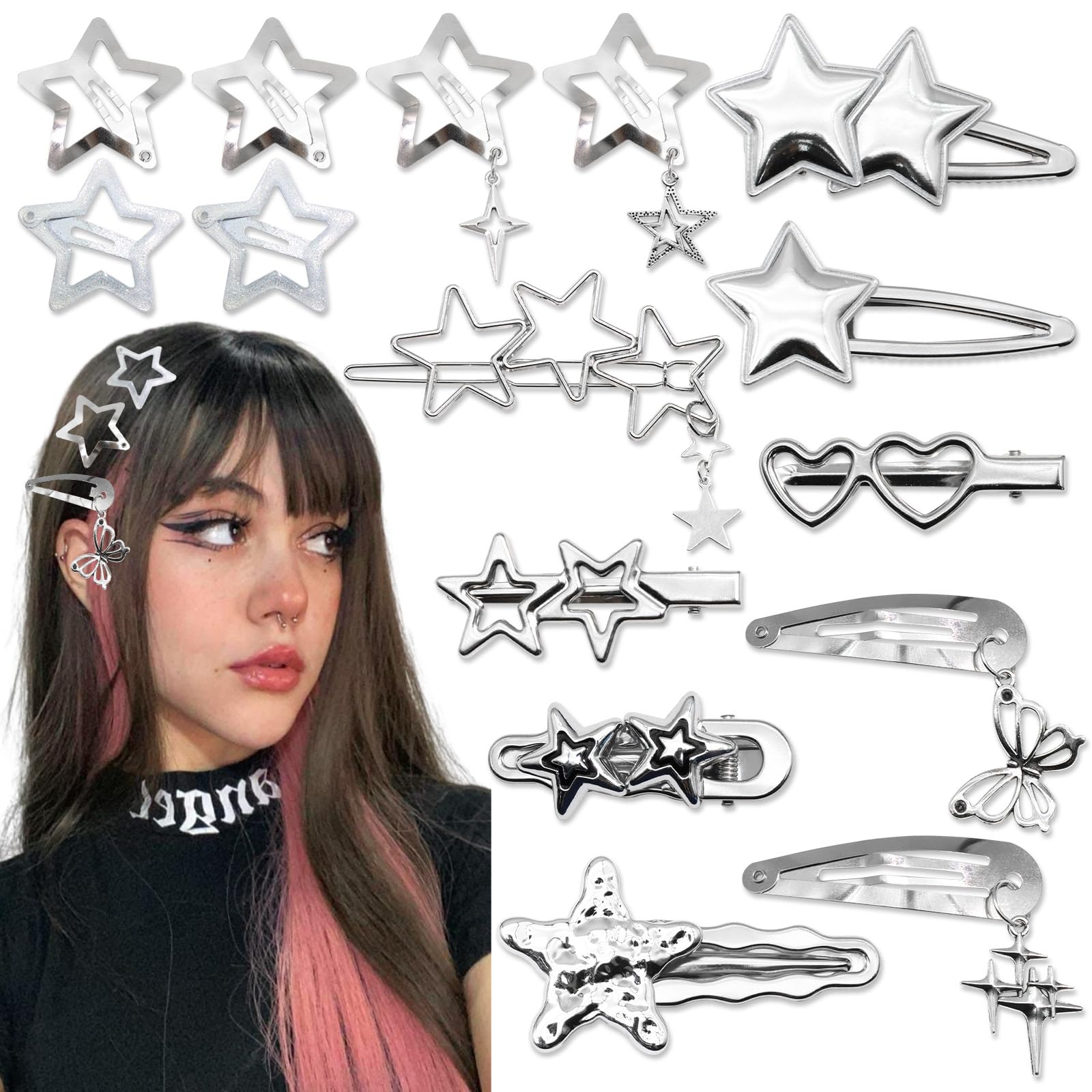 SAWINDA 15Pcs Silver Y2K Star Hair Clips Metal Stars Butterfly Snap Hair Barrettes for Women Cute Cool Y2k 2000s Star Hair Accessories for Women and
