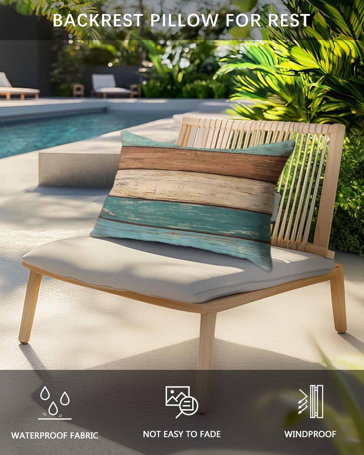 Teal Wood Grain Outdoor Chaise Lounge Head Resting Pillows 2 Pack, Farm Teal Brown Wooden Board Waterproof Patio Furniture Pillow with Insert Adjustable Elastic Stripe for Recliner Beach Chairs