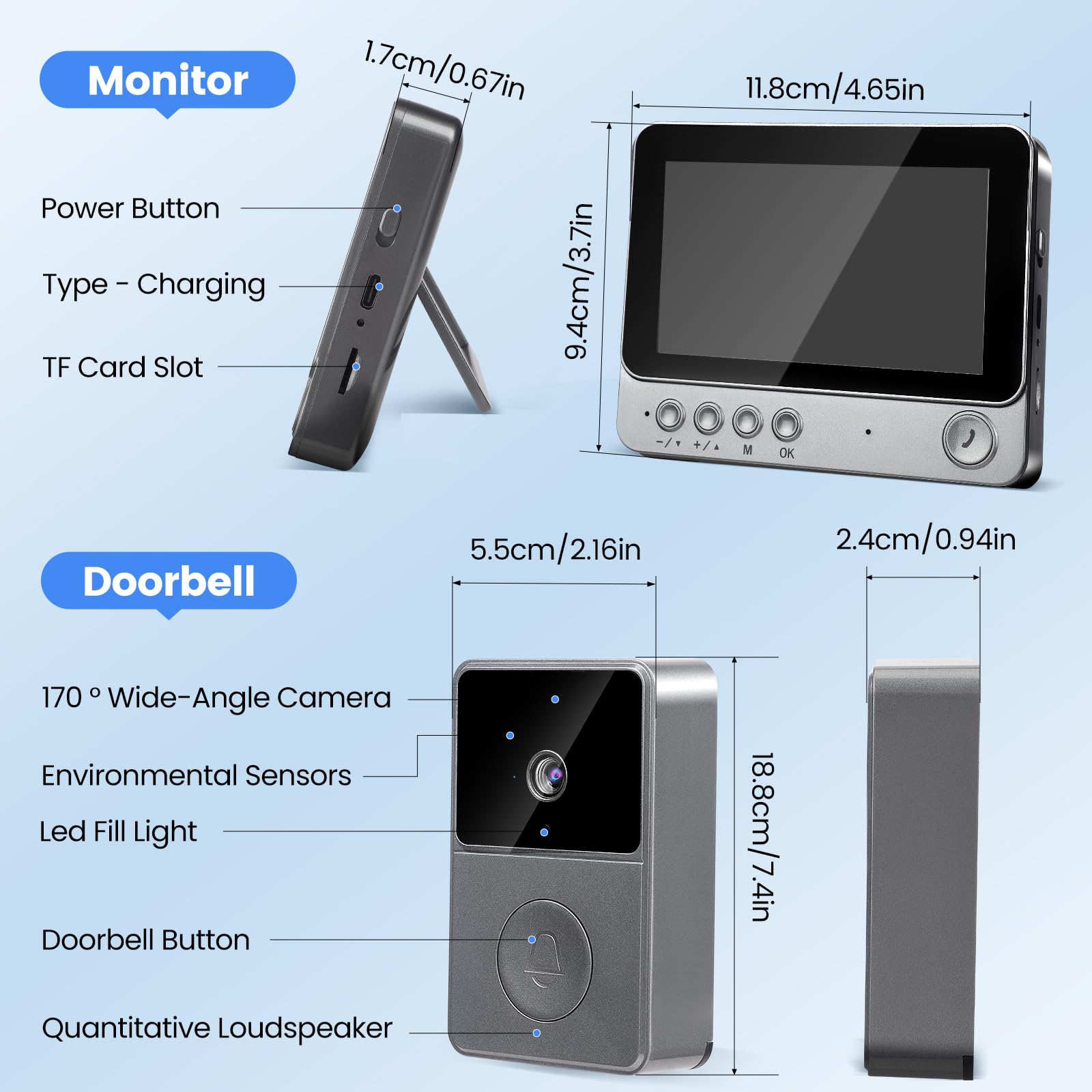 Sonnette Sans Fil avec Caméra 1080p IP65 Étanche Extérieur Écran 4.3" Visiophone HD Interphone Vision Nocturne Infrarouge Audio Bidirectionnel