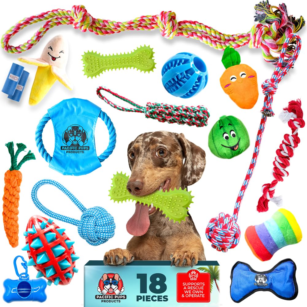 Pacific Pups 18 Piece Bulk Dog Toy Pack - Chew, Plush, and Rope Dog Toys to Keep Them Busy - Puppy Teething Chew Toys, Treat Ball, Squeaky Plushies, Tug of War Ropes, Rubber Chew - Helps Rescue Dogs