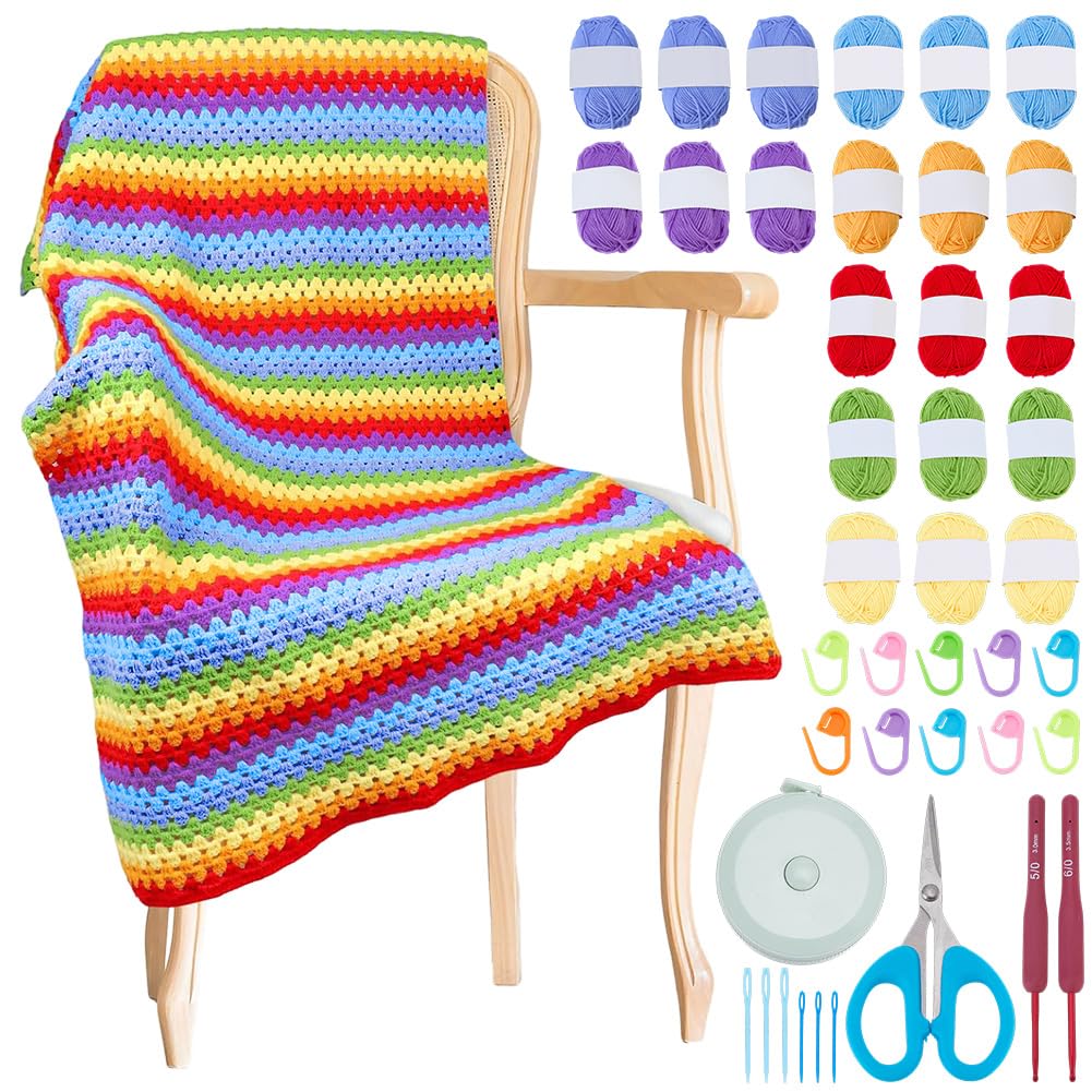 WEBEEDY Regenbogen Häkeldecke Set Mit Videoanleitung Für Erwachsene Anfänger Lernset Zum Häkeln Einer Decke Mit Weichem Garn Und Häkelnadel Für Einfache Strickgeschenke 88x38cm